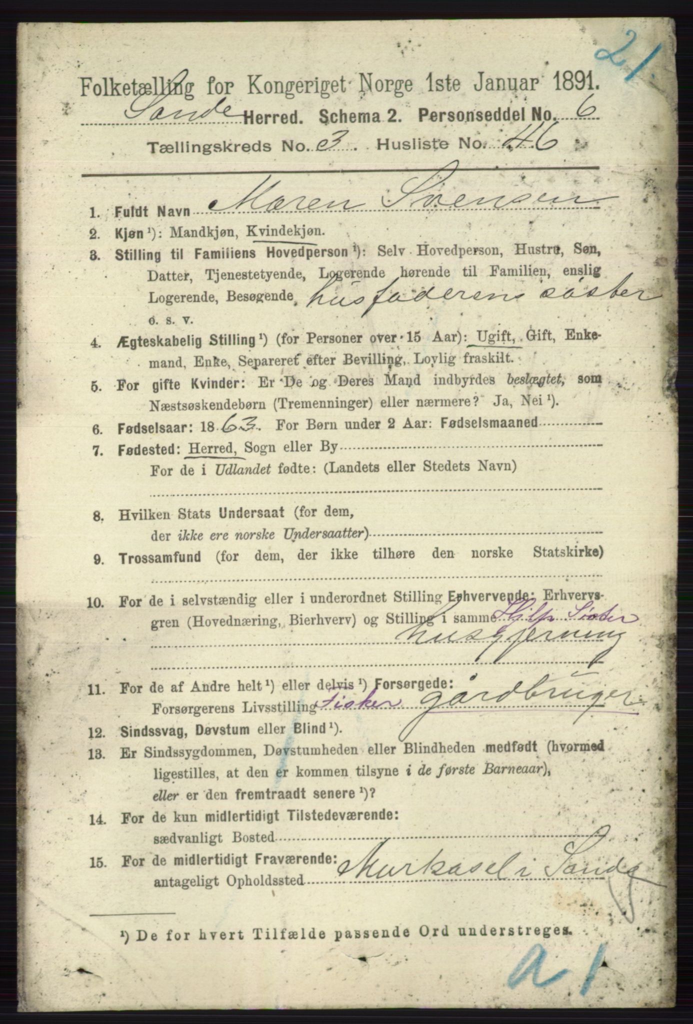 RA, 1891 census for 0713 Sande, 1891, p. 1212