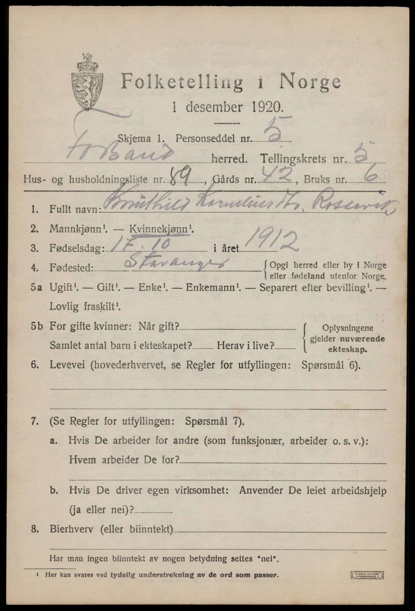 SAST, 1920 census for Forsand, 1920, p. 2761