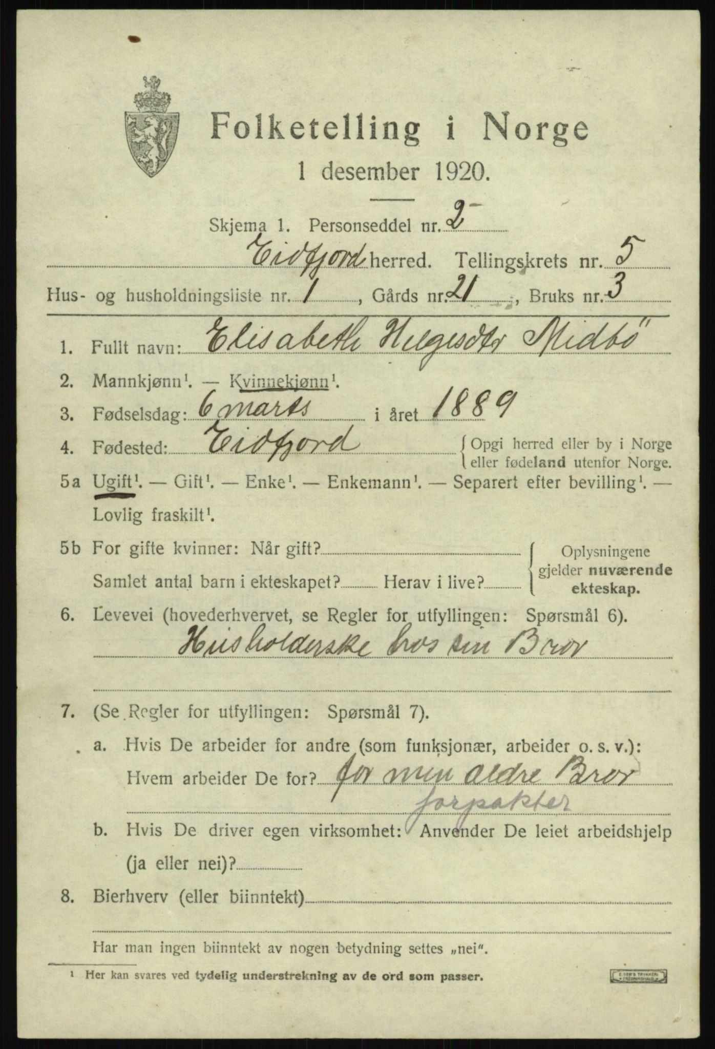 SAB, 1920 census for Eidfjord, 1920, p. 1758