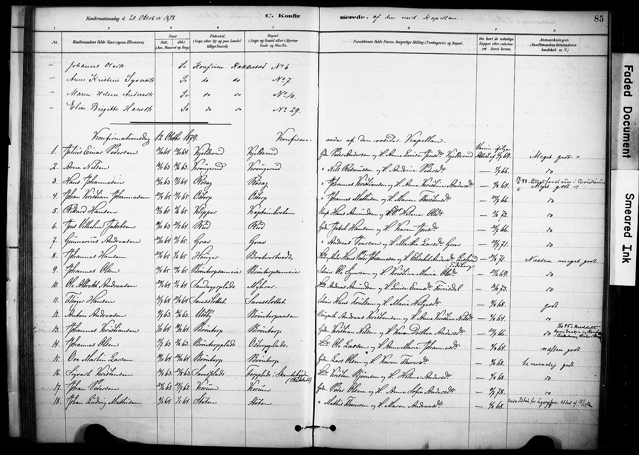 Rakkestad prestekontor Kirkebøker, AV/SAO-A-2008/F/Fc/L0001: Parish register (official) no. III 1, 1878-1905, p. 85