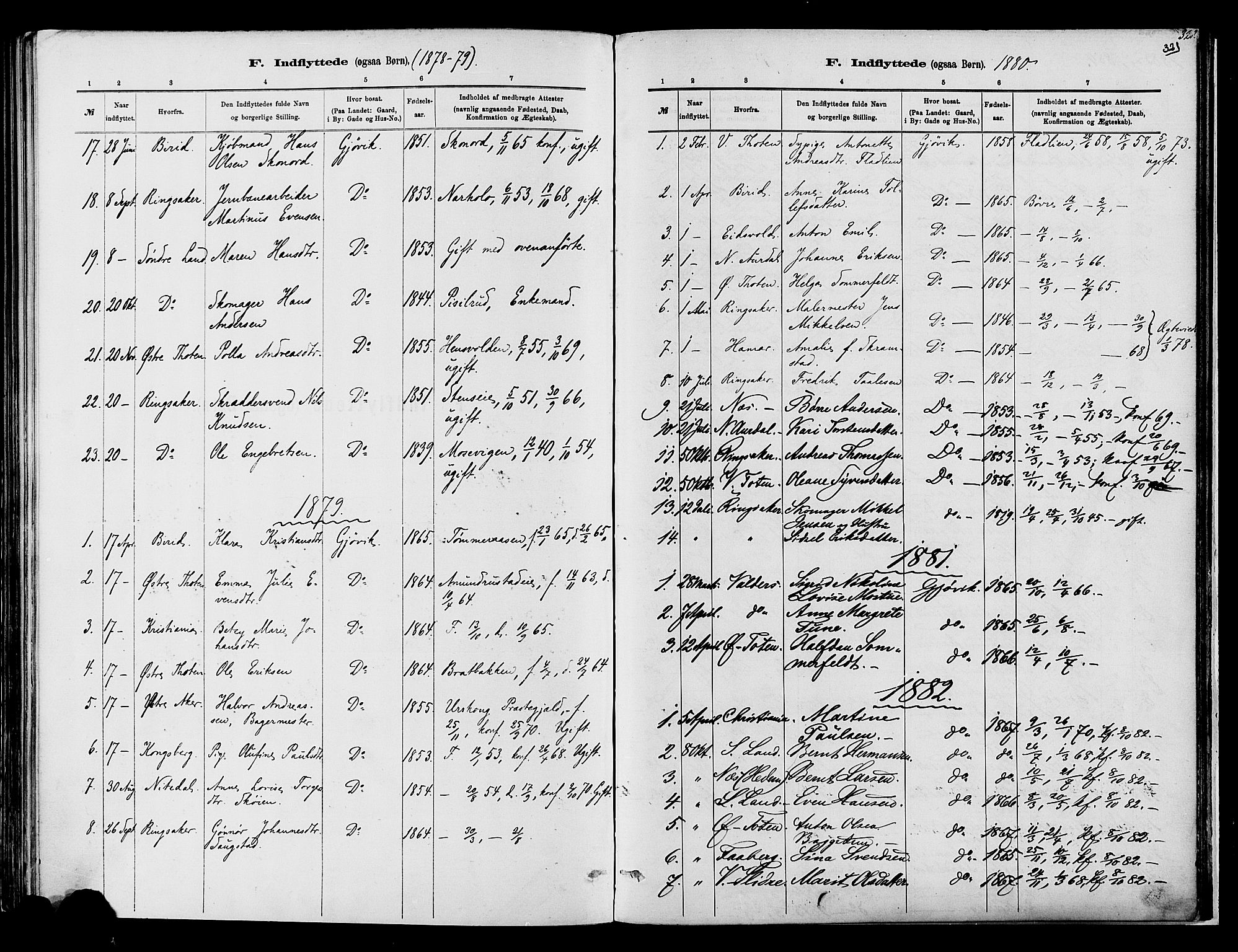 Vardal prestekontor, SAH/PREST-100/H/Ha/Haa/L0008: Parish register (official) no. 8, 1878-1890, p. 321