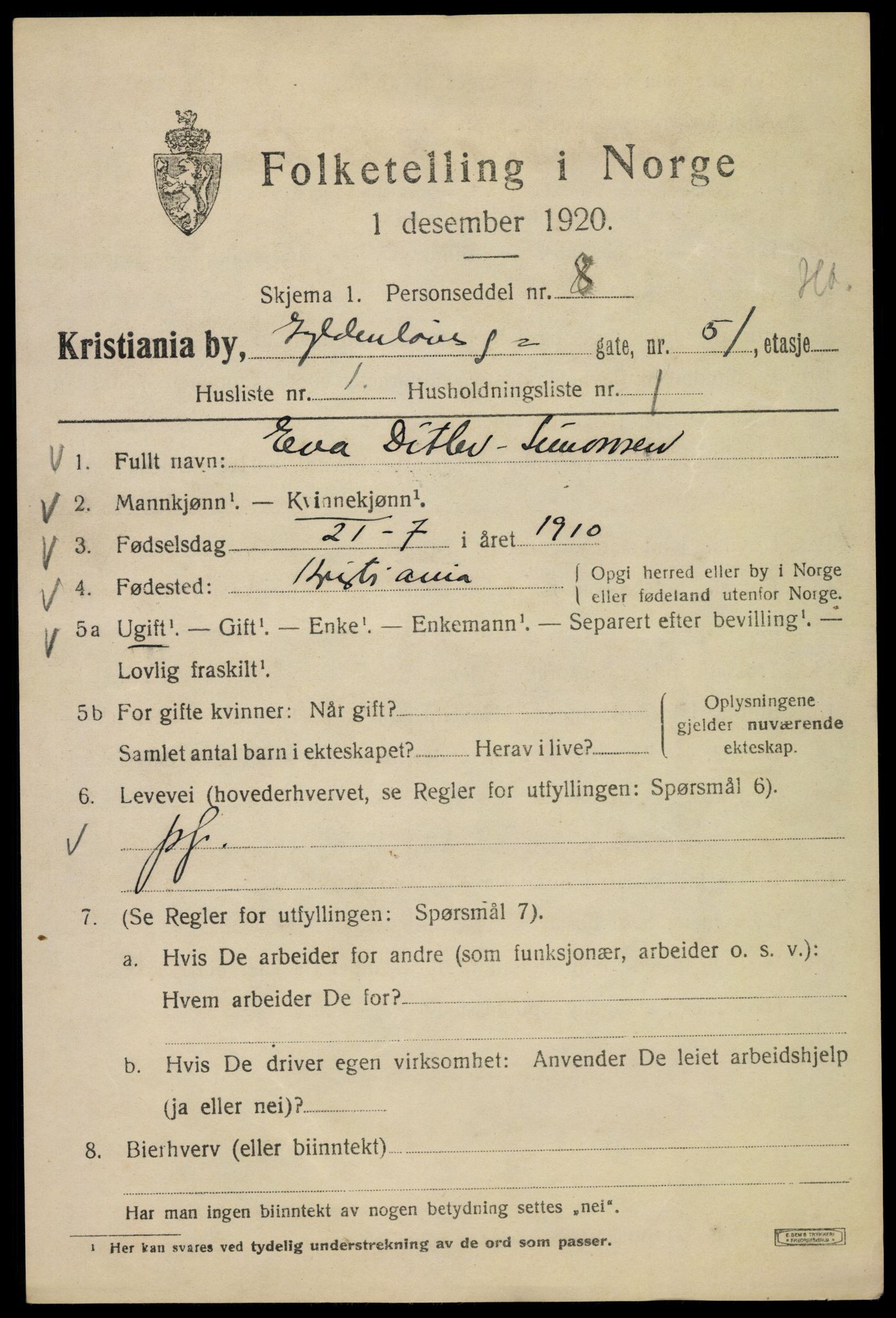 SAO, 1920 census for Kristiania, 1920, p. 262461