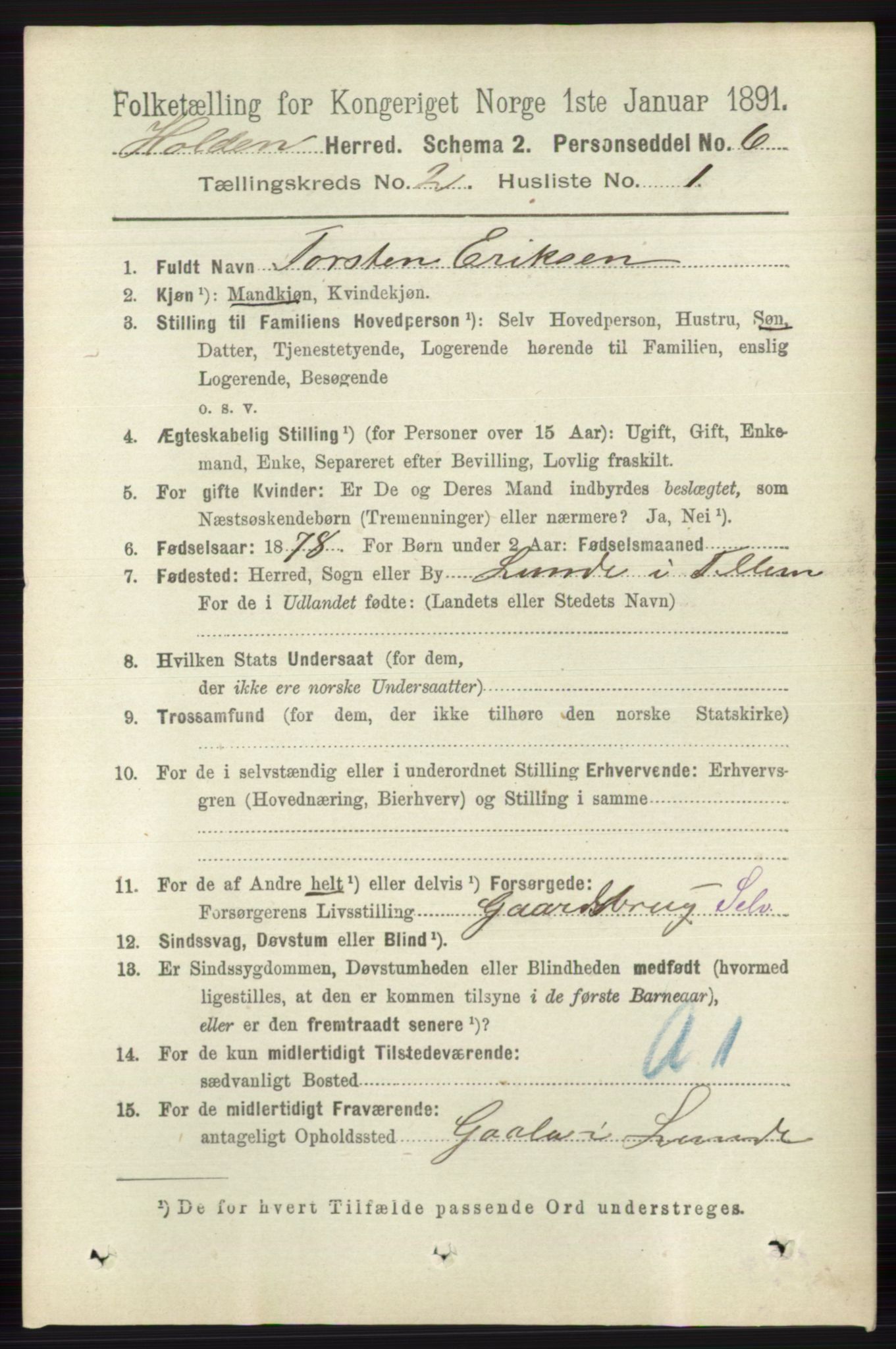 RA, 1891 census for 0819 Holla, 1891, p. 698
