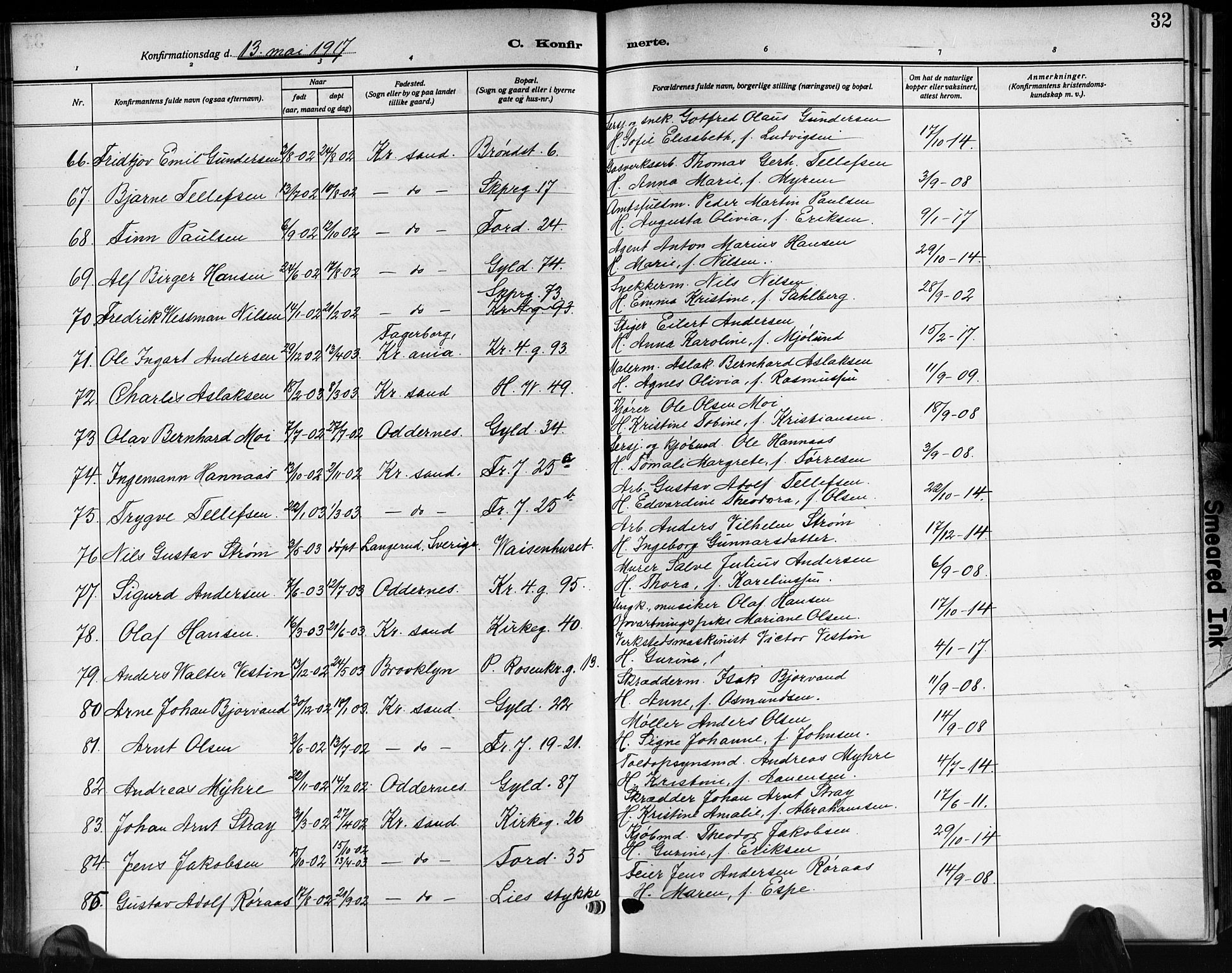 Kristiansand domprosti, SAK/1112-0006/F/Fb/L0022: Parish register (copy) no. B 22, 1915-1925, p. 32