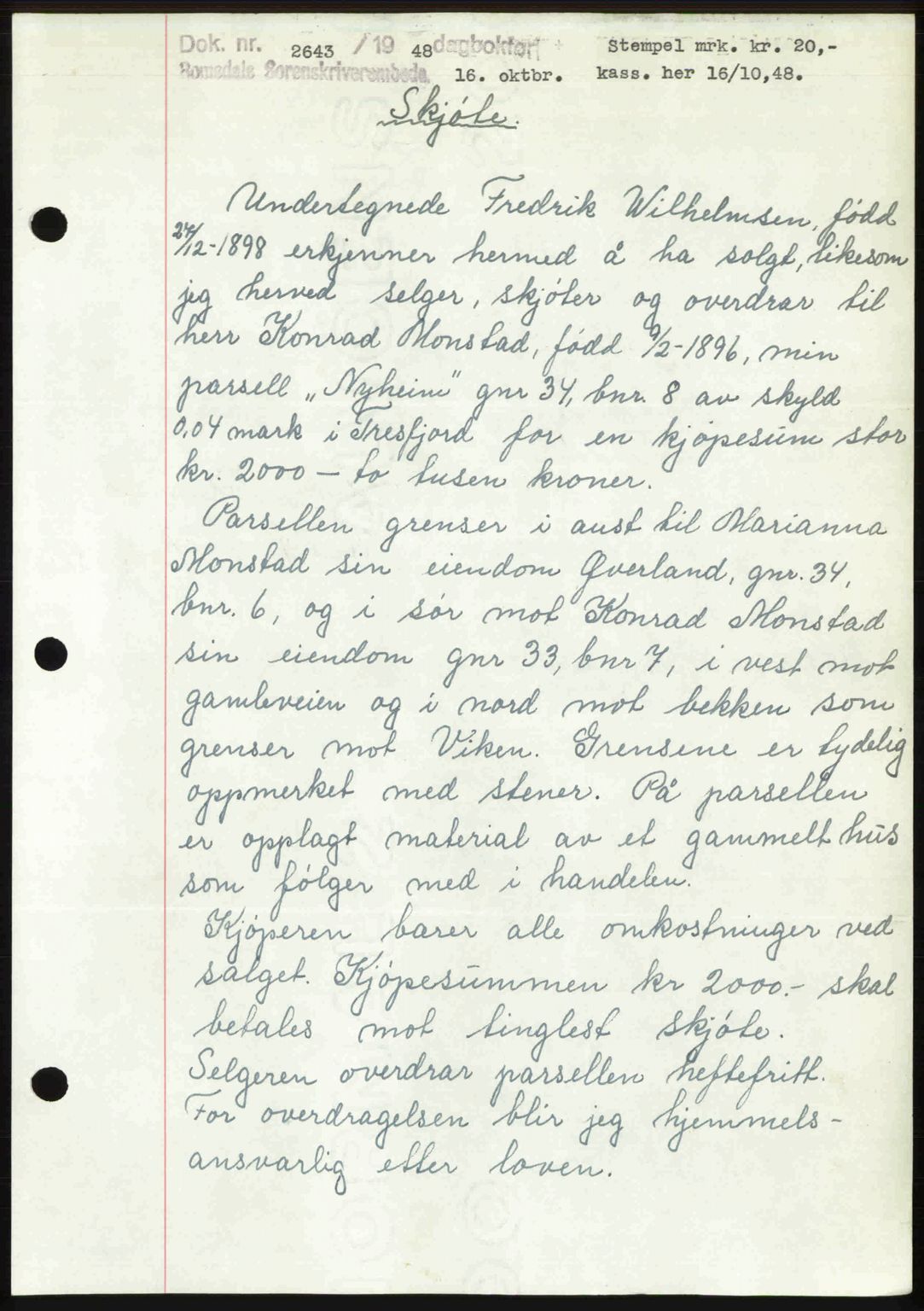 Romsdal sorenskriveri, AV/SAT-A-4149/1/2/2C: Mortgage book no. A27, 1948-1948, Diary no: : 2643/1948