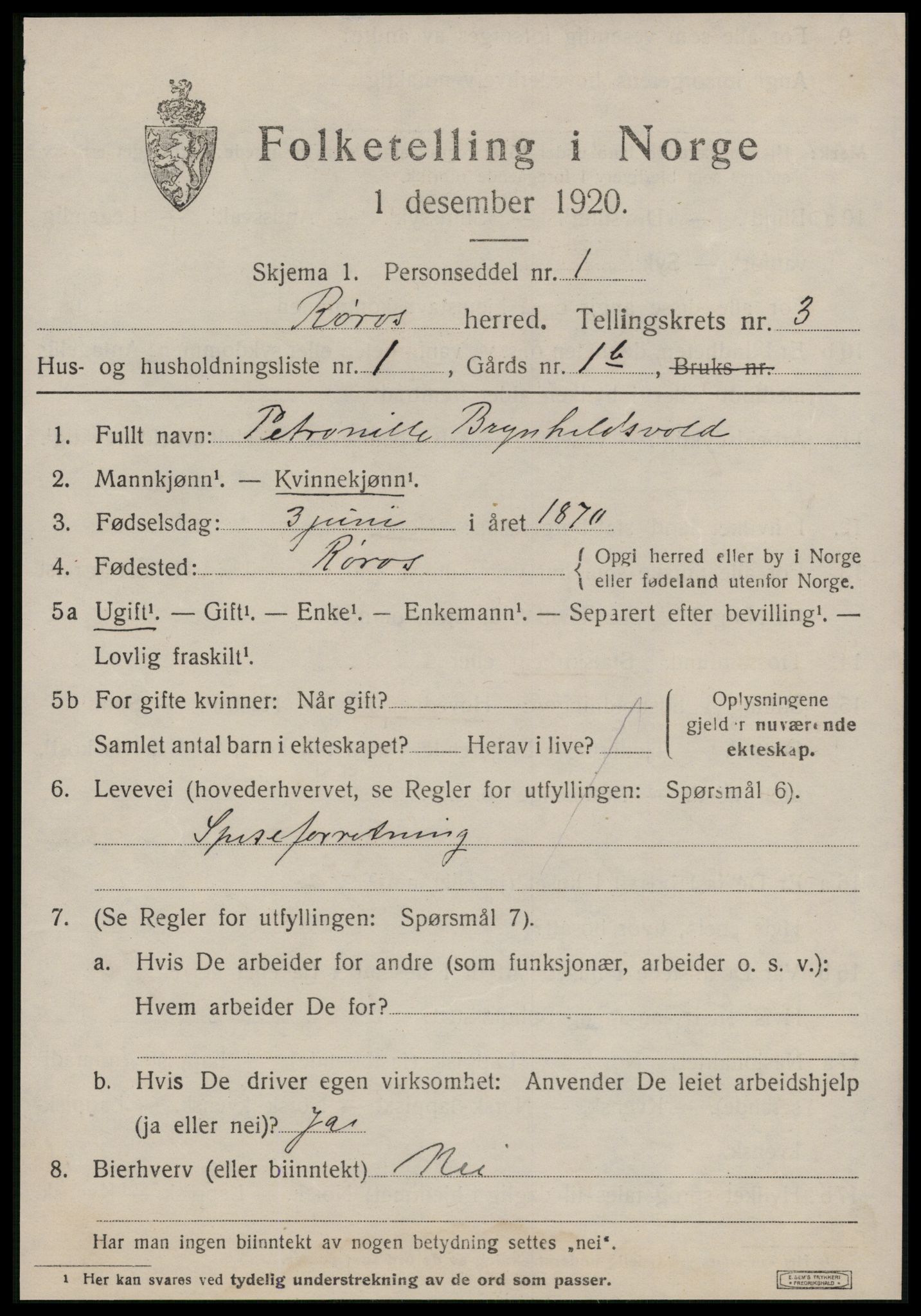 SAT, 1920 census for Røros, 1920, p. 3900