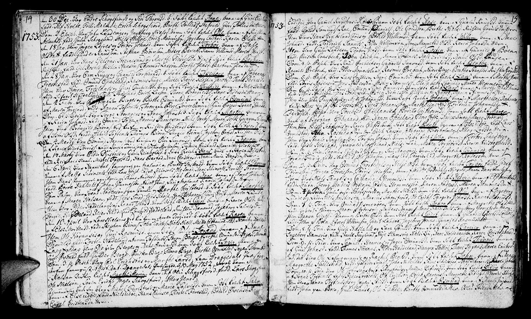 Mandal sokneprestkontor, AV/SAK-1111-0030/F/Fa/Faa/L0003: Parish register (official) no. A 3, 1748-1794, p. 14-15