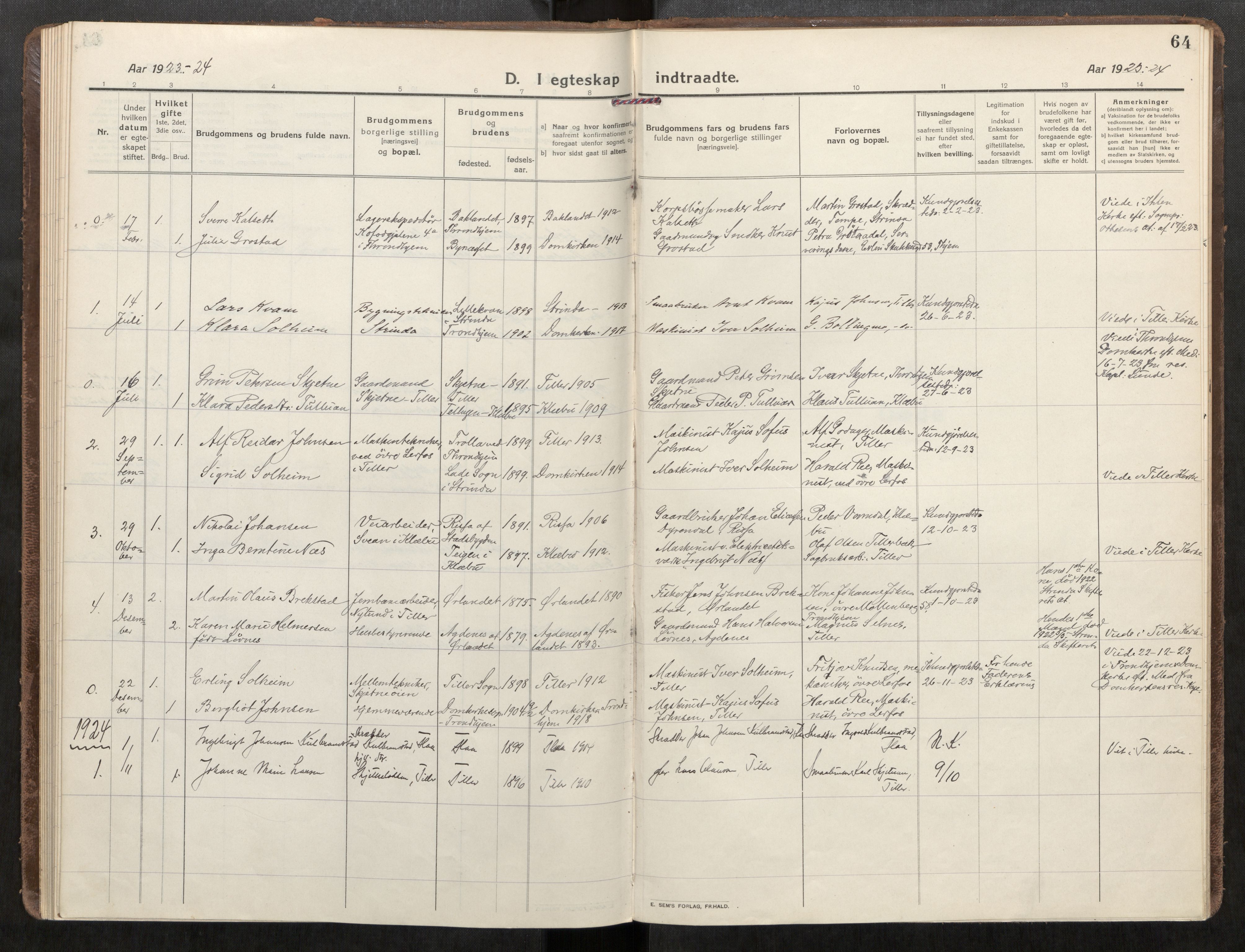 Klæbu sokneprestkontor, AV/SAT-A-1112: Parish register (official) no. 3, 1917-1924, p. 64