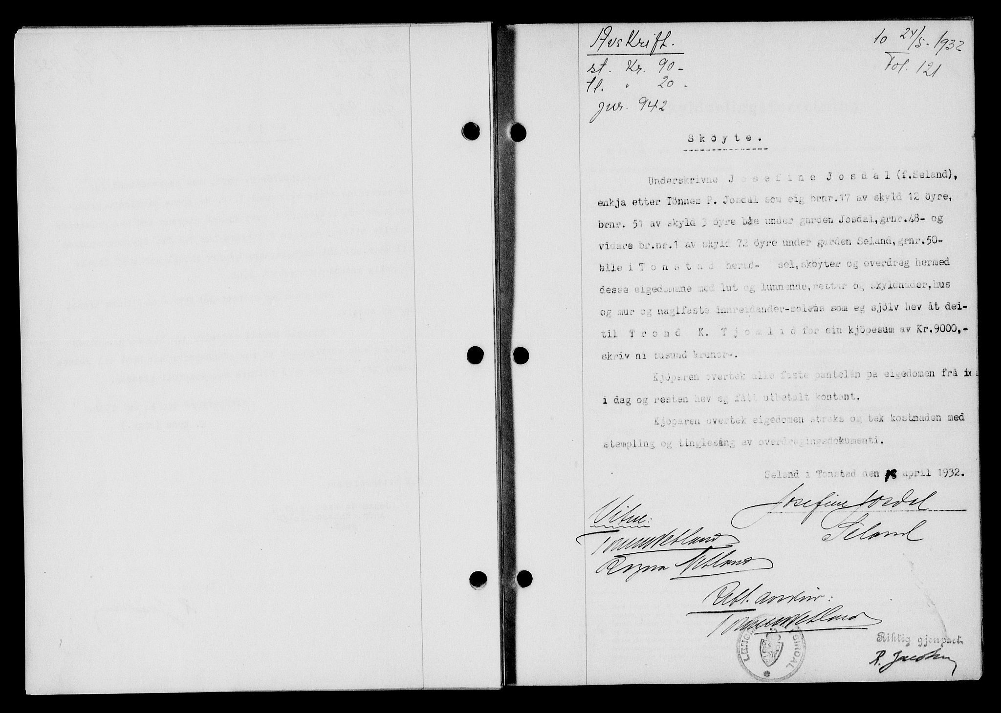 Flekkefjord sorenskriveri, AV/SAK-1221-0001/G/Gb/Gba/L0047: Mortgage book no. 45, 1931-1932, Deed date: 24.05.1932