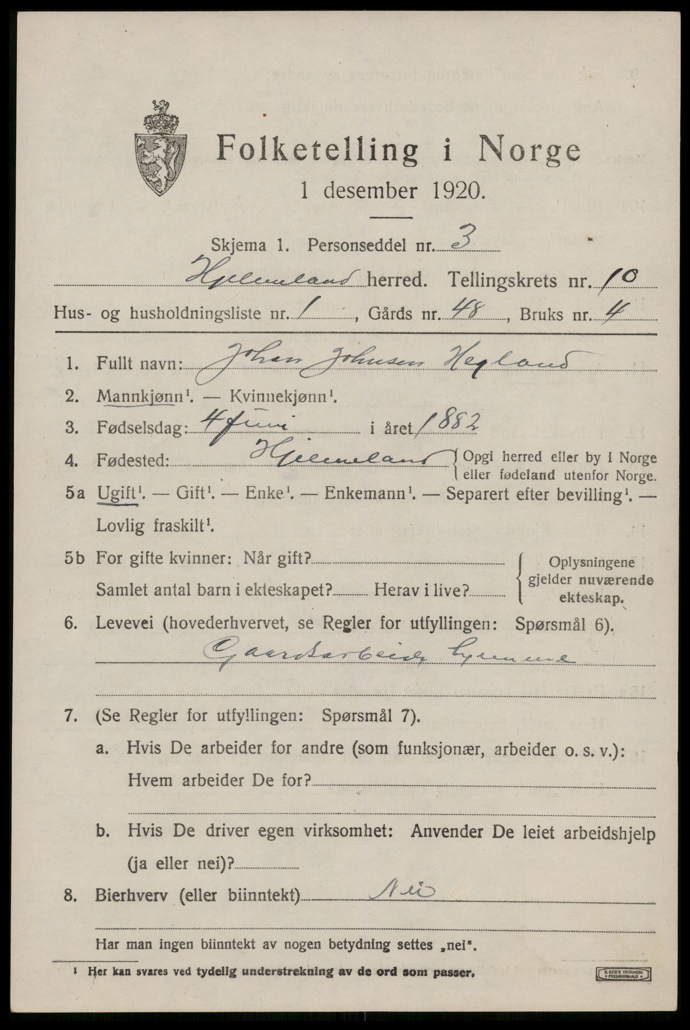 SAST, 1920 census for Hjelmeland, 1920, p. 3125