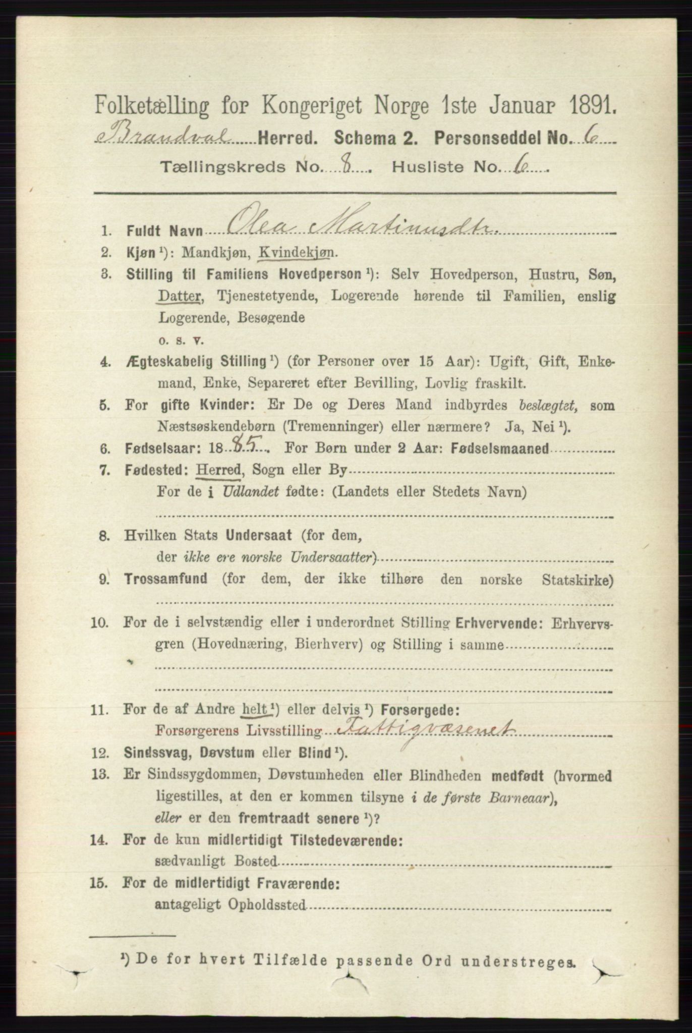 RA, 1891 census for 0422 Brandval, 1891, p. 3870