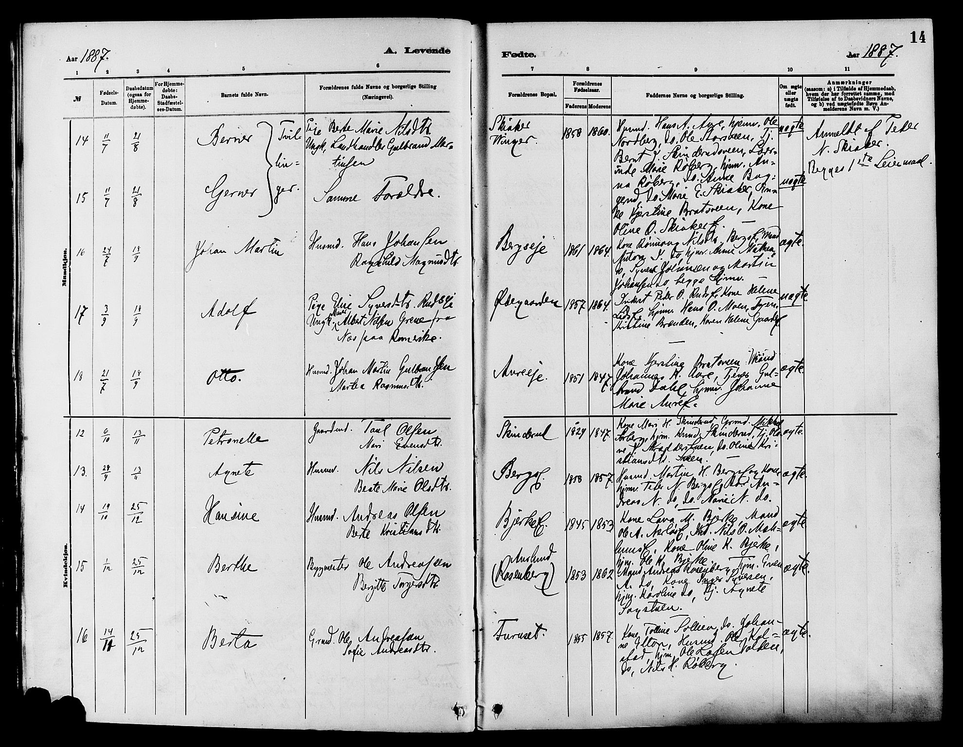 Nordre Land prestekontor, AV/SAH-PREST-124/H/Ha/Haa/L0003: Parish register (official) no. 3, 1882-1896, p. 14