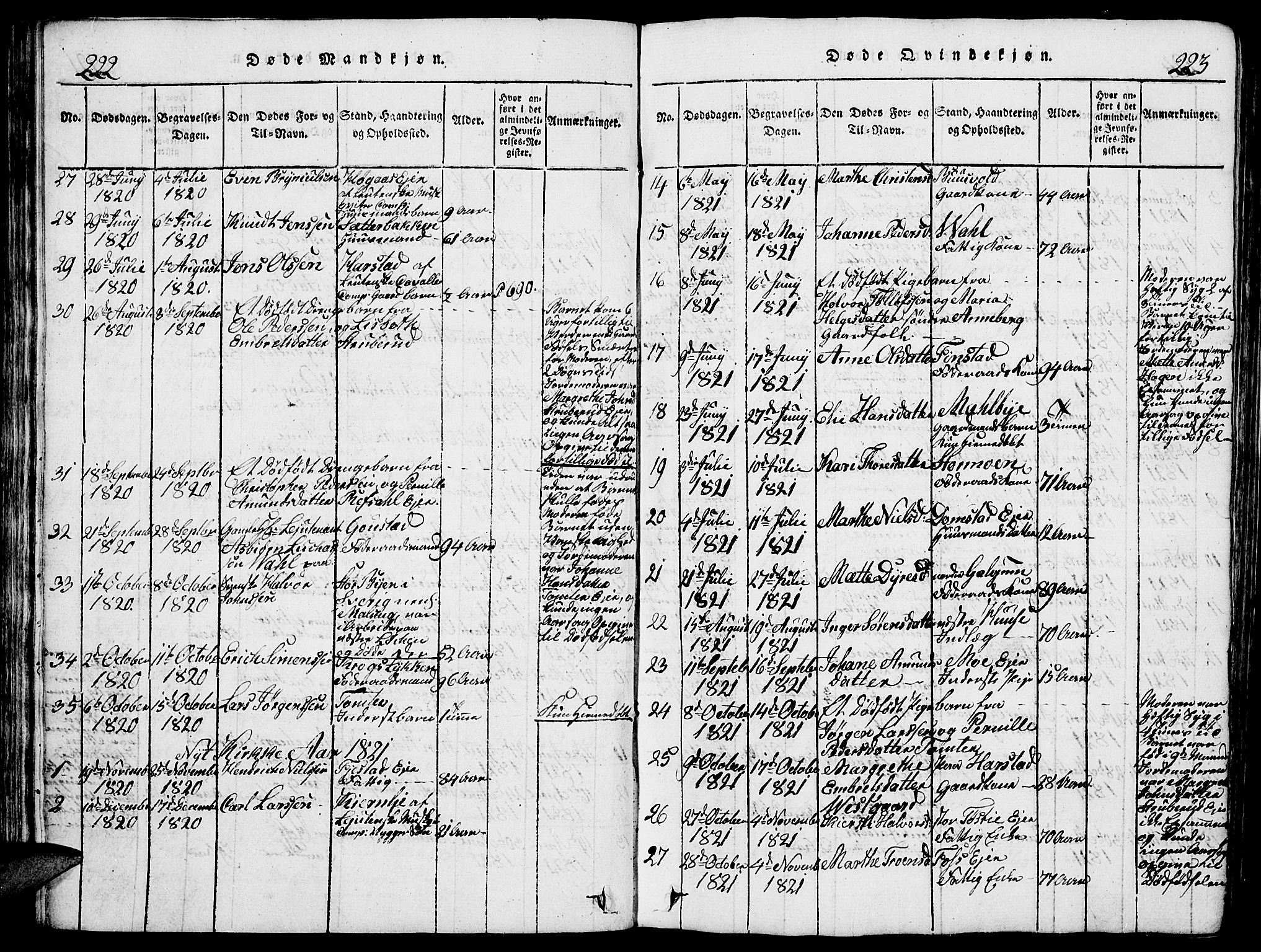 Romedal prestekontor, SAH/PREST-004/L/L0005: Parish register (copy) no. 5, 1814-1829, p. 222-223