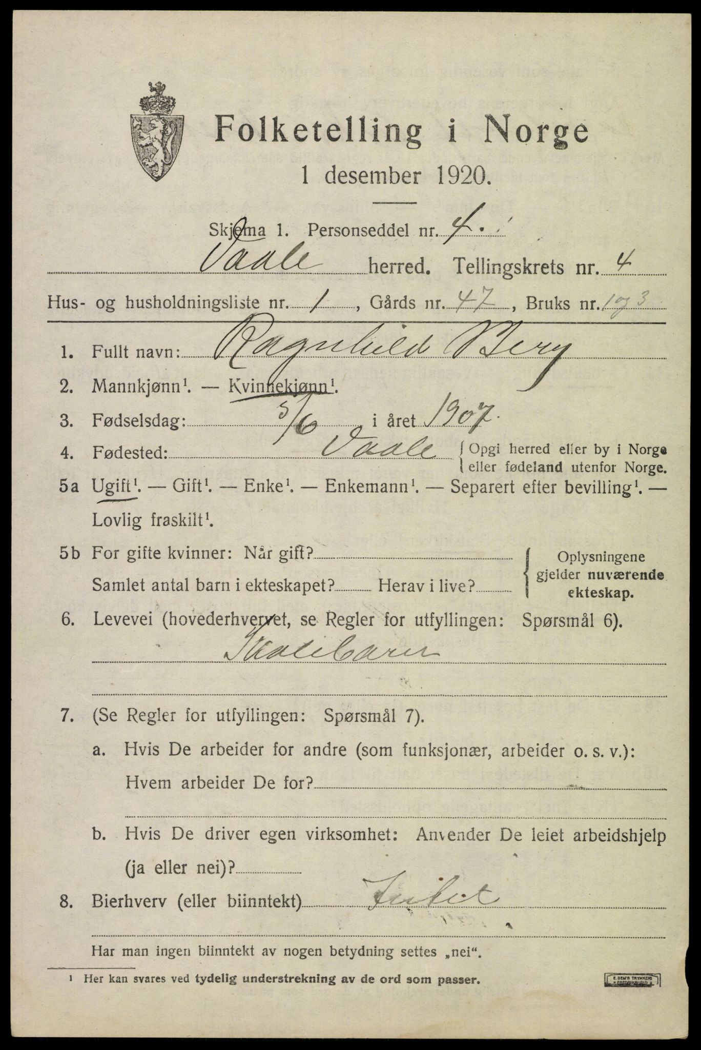 SAKO, 1920 census for Våle, 1920, p. 3148