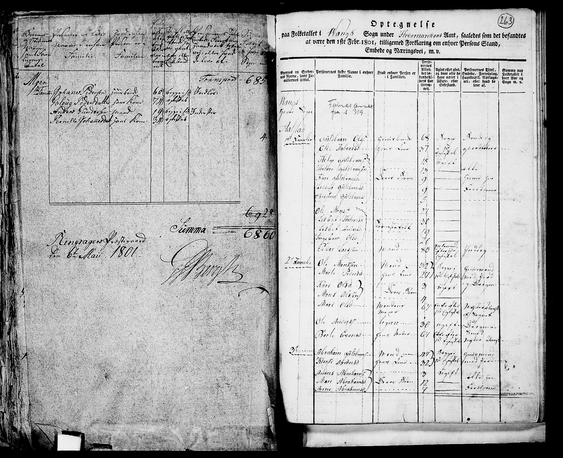 RA, 1801 census for 0414P Vang, 1801, p. 262b-263a