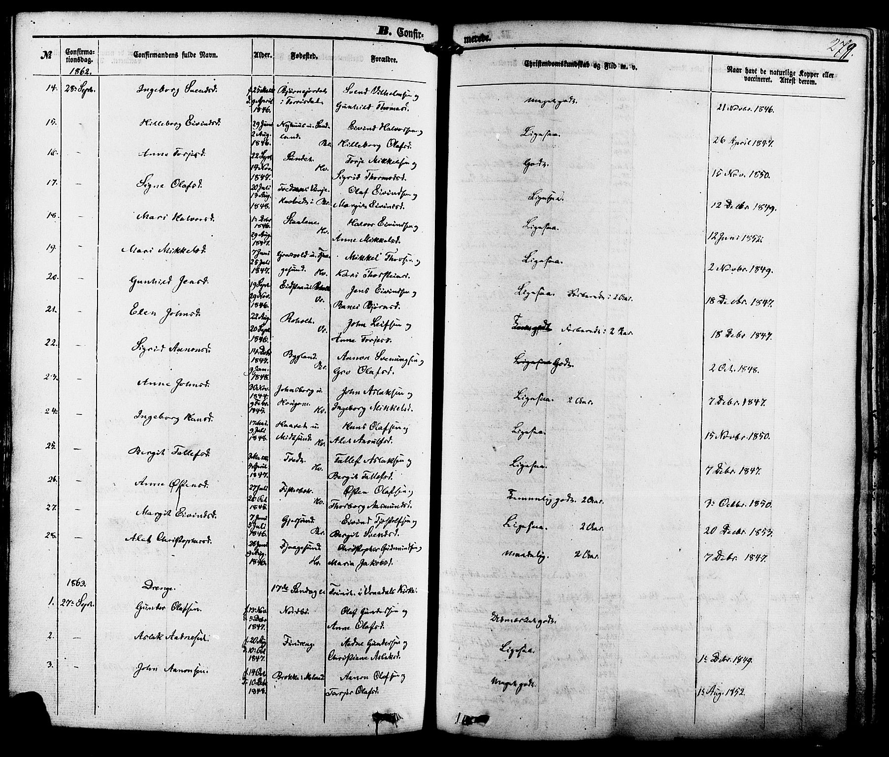 Kviteseid kirkebøker, SAKO/A-276/F/Fa/L0007: Parish register (official) no. I 7, 1859-1881, p. 279
