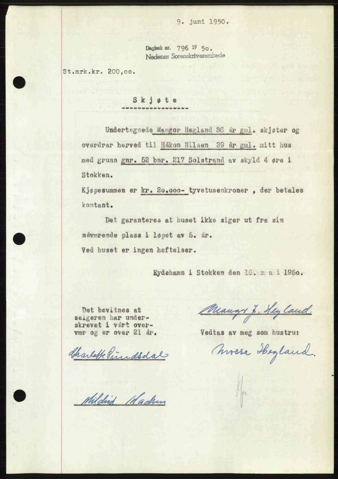 Nedenes sorenskriveri, SAK/1221-0006/G/Gb/Gba/L0062: Mortgage book no. A14, 1949-1950, Diary no: : 796/1950