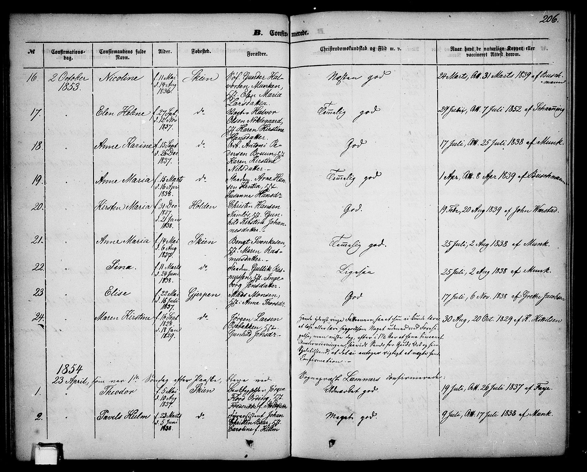 Skien kirkebøker, SAKO/A-302/G/Ga/L0004: Parish register (copy) no. 4, 1843-1867, p. 206