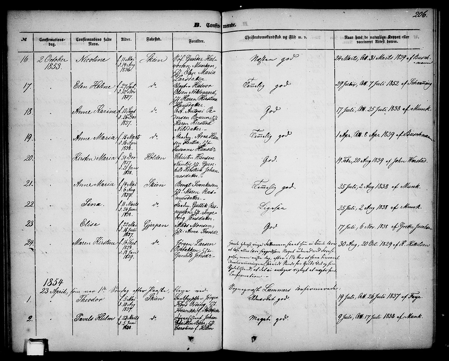 Skien kirkebøker, AV/SAKO-A-302/G/Ga/L0004: Parish register (copy) no. 4, 1843-1867, p. 206