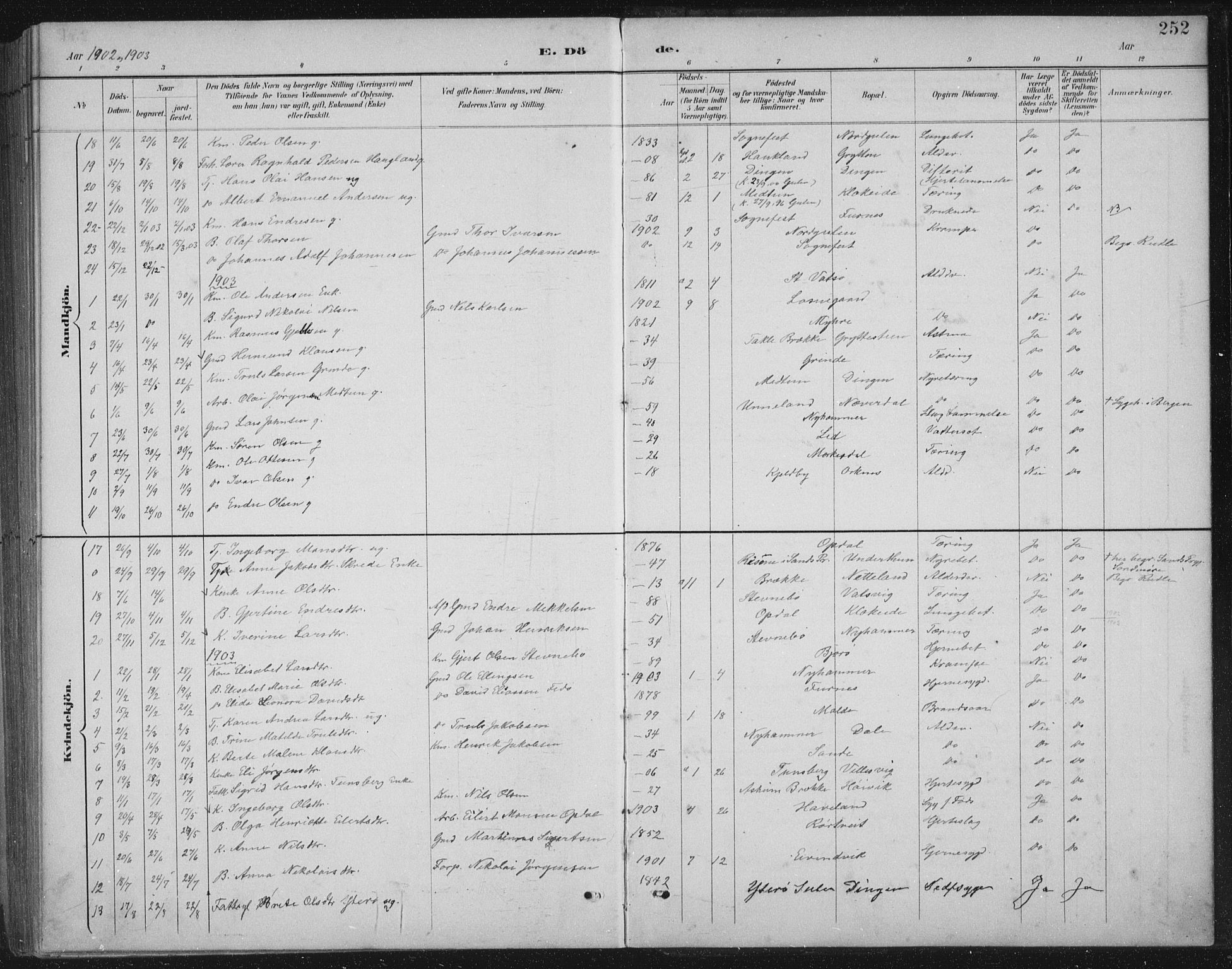 Gulen sokneprestembete, SAB/A-80201/H/Hab/Habb/L0003: Parish register (copy) no. B 3, 1884-1907, p. 252