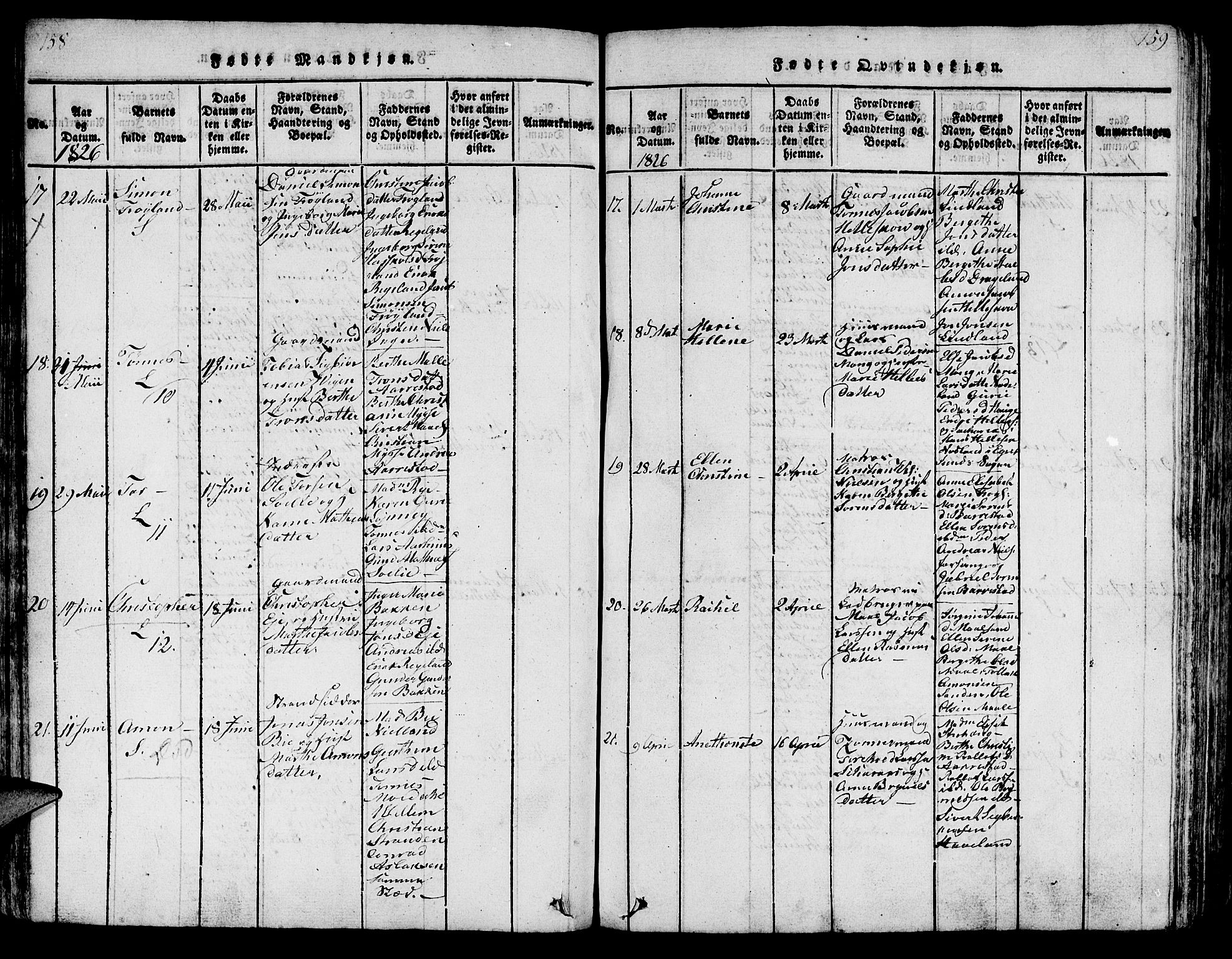 Sokndal sokneprestkontor, SAST/A-101808: Parish register (copy) no. B 1, 1815-1848, p. 158-159