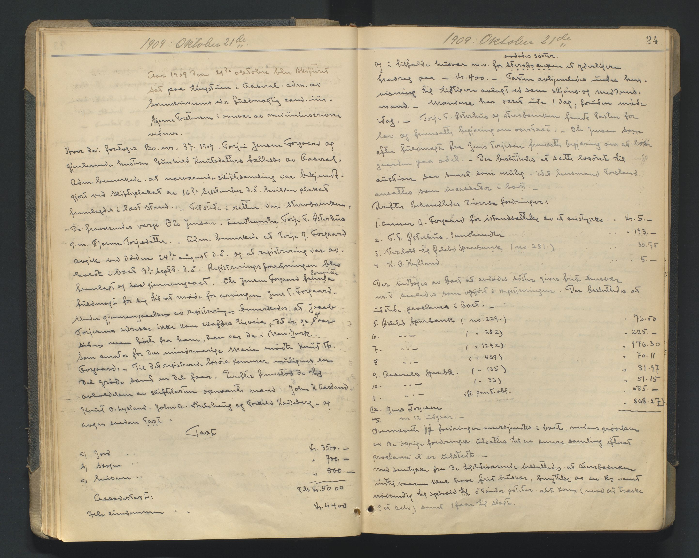 Mandal sorenskriveri, AV/SAK-1221-0005/001/H/Hc/L0081: Skifteforhandlingsprotokoll nr 13, 1909-1913, p. 24