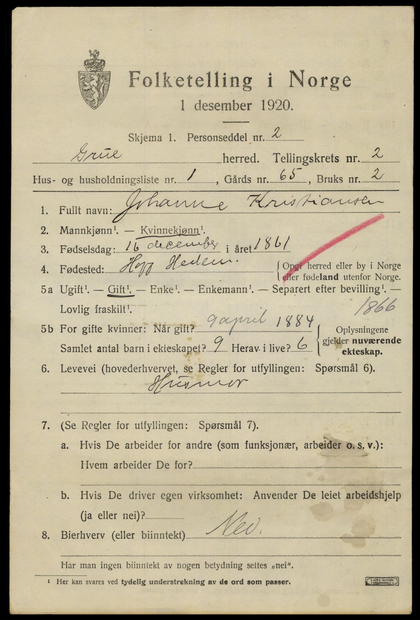 SAH, 1920 census for Grue, 1920, p. 3145