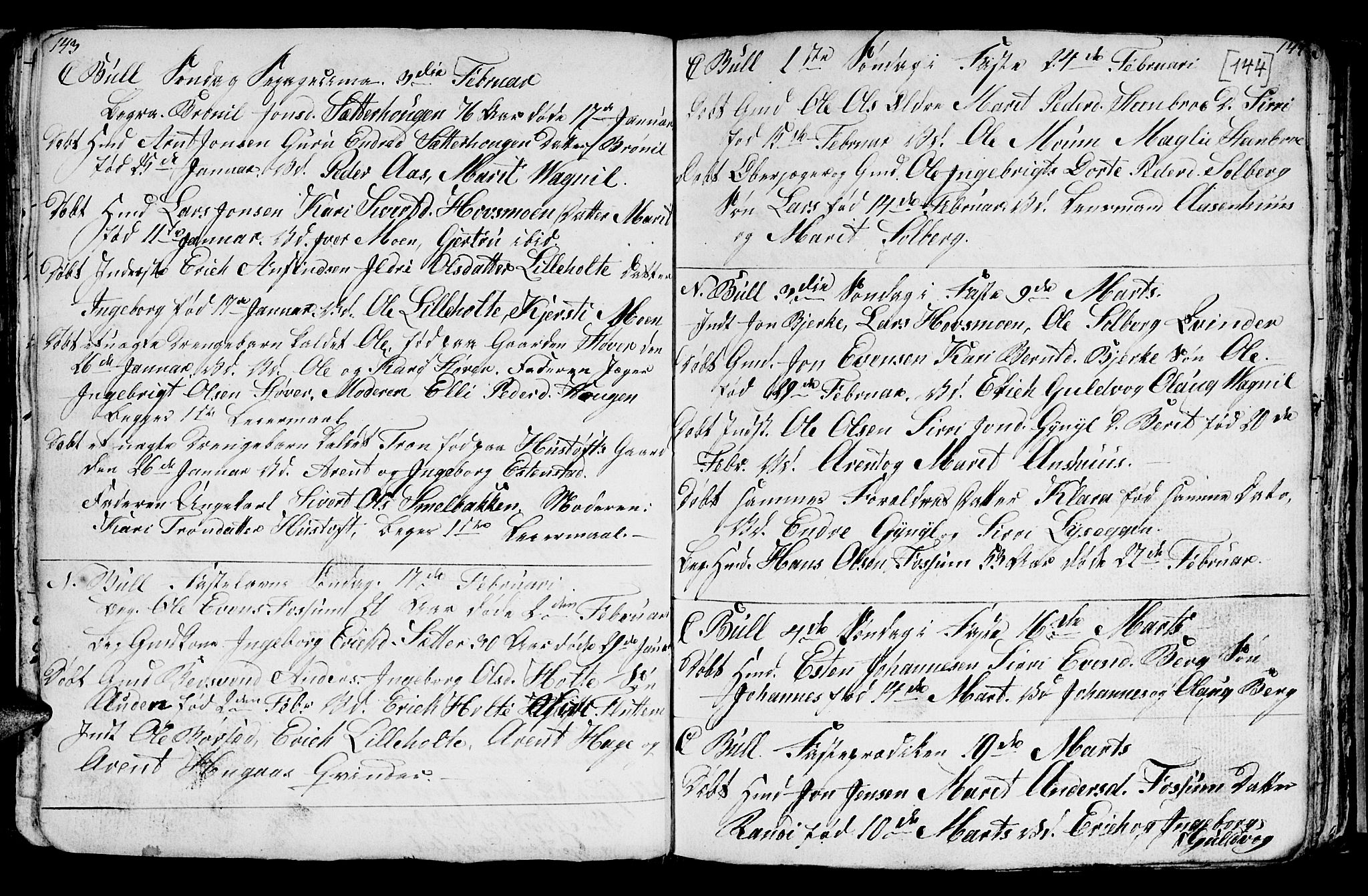 Ministerialprotokoller, klokkerbøker og fødselsregistre - Sør-Trøndelag, SAT/A-1456/689/L1042: Parish register (copy) no. 689C01, 1812-1841, p. 143-144