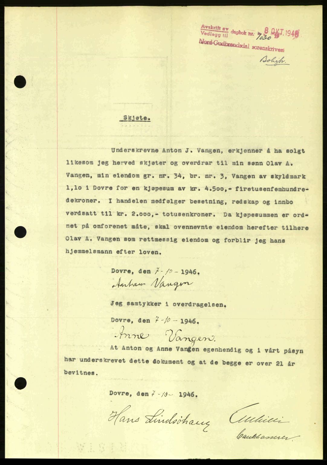 Nord-Gudbrandsdal tingrett, AV/SAH-TING-002/H/Hb/Hbb/L0015: Mortgage book no. FA15, 1946-1946, Diary no: : 1030/1946