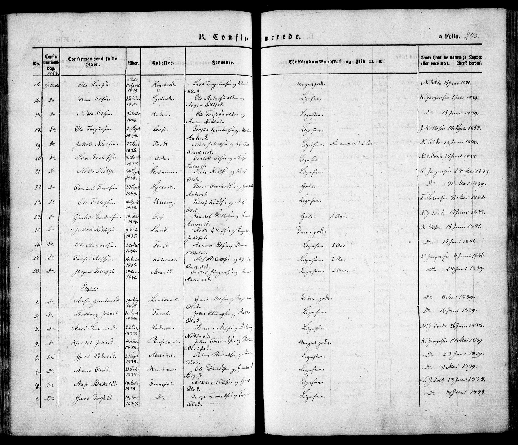 Evje sokneprestkontor, AV/SAK-1111-0008/F/Fa/Faa/L0005: Parish register (official) no. A 5, 1843-1865, p. 243