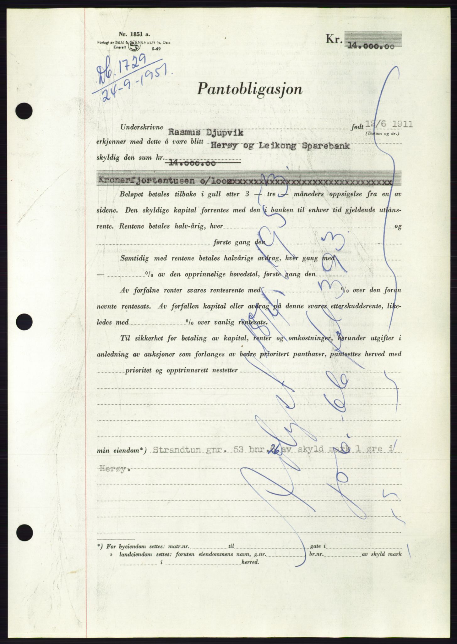 Søre Sunnmøre sorenskriveri, AV/SAT-A-4122/1/2/2C/L0120: Mortgage book no. 8B, 1951-1951, Diary no: : 1729/1951