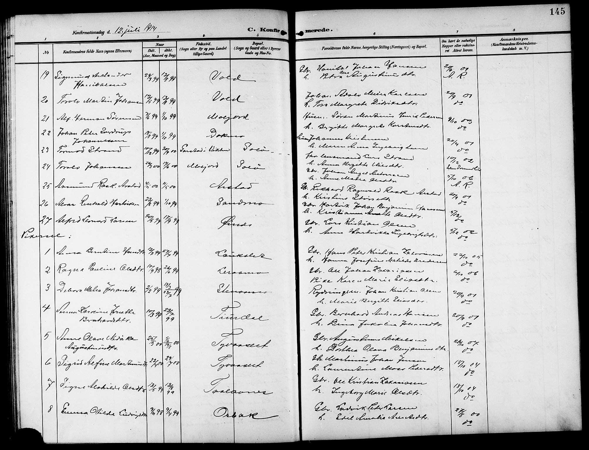 Ministerialprotokoller, klokkerbøker og fødselsregistre - Nordland, AV/SAT-A-1459/846/L0655: Parish register (copy) no. 846C05, 1902-1916, p. 145