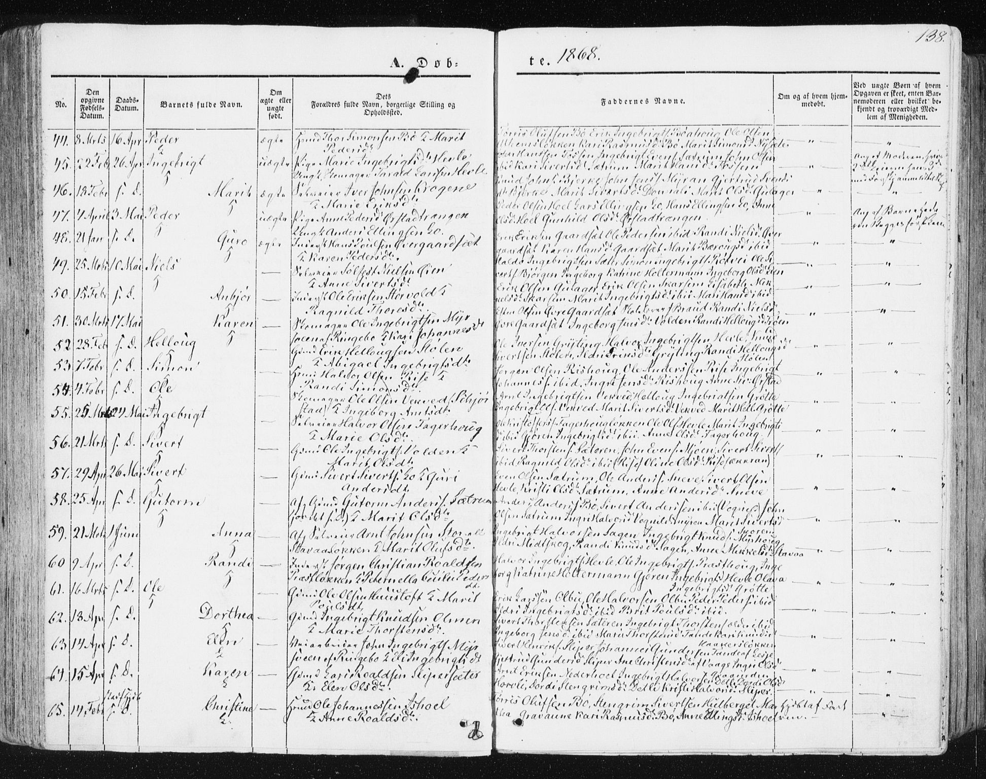 Ministerialprotokoller, klokkerbøker og fødselsregistre - Sør-Trøndelag, SAT/A-1456/678/L0899: Parish register (official) no. 678A08, 1848-1872, p. 138