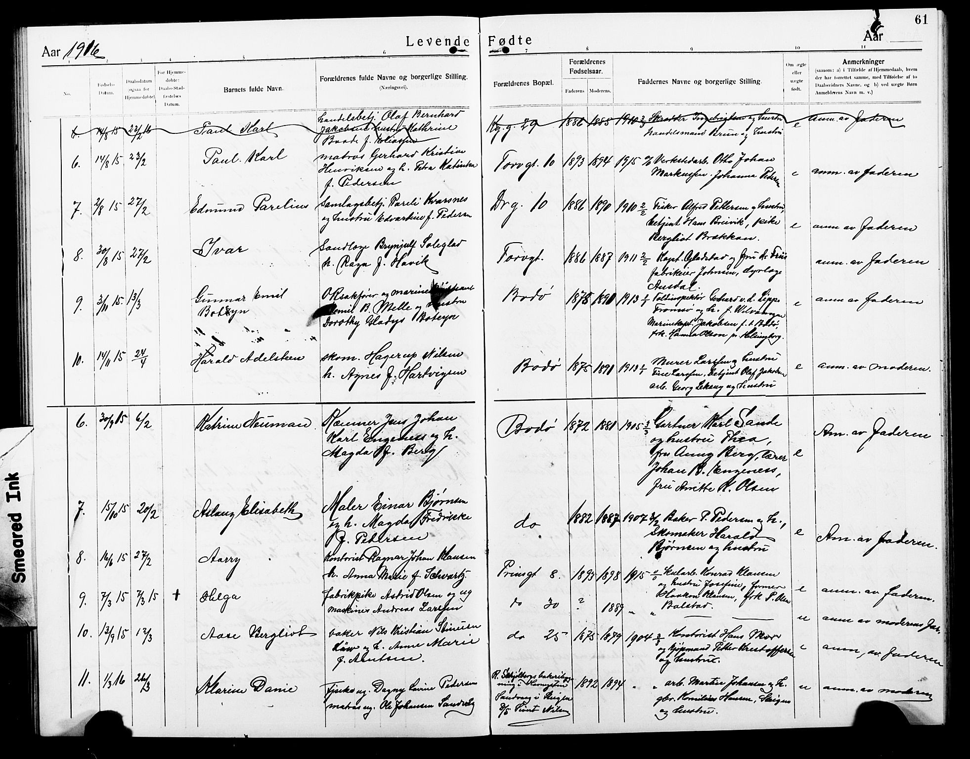 Ministerialprotokoller, klokkerbøker og fødselsregistre - Nordland, AV/SAT-A-1459/801/L0034: Parish register (copy) no. 801C09, 1910-1922, p. 61