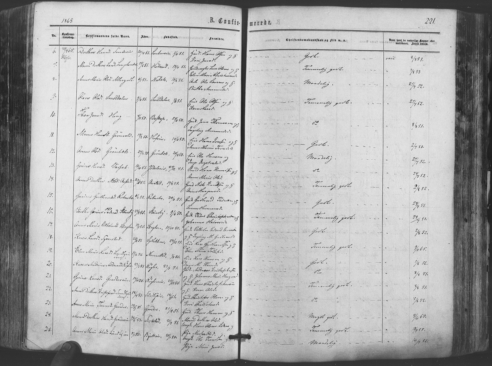 Ullensaker prestekontor Kirkebøker, AV/SAO-A-10236a/F/Fa/L0016: Parish register (official) no. I 16, 1863-1875, p. 221