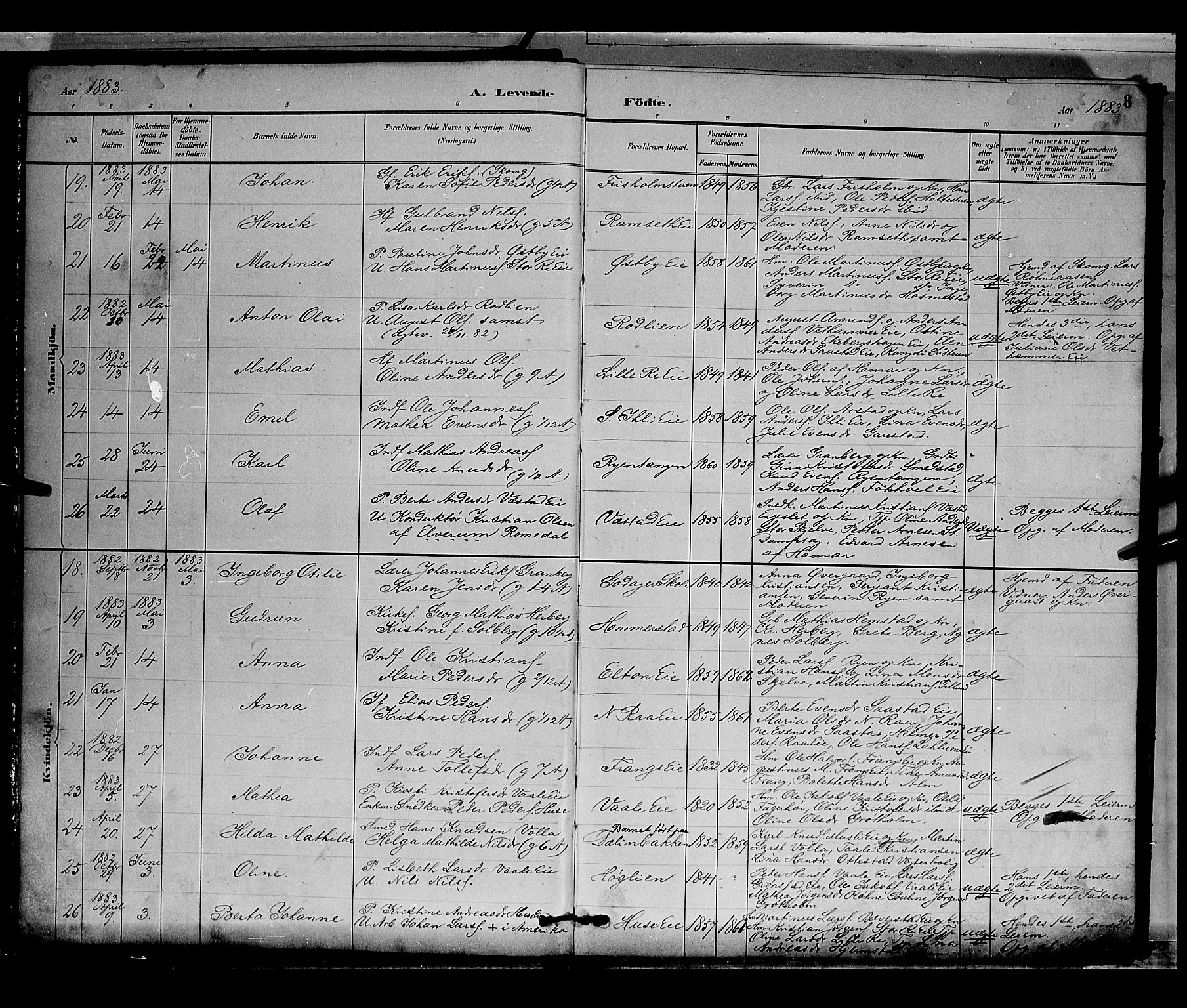 Stange prestekontor, AV/SAH-PREST-002/L/L0009: Parish register (copy) no. 9, 1883-1899, p. 3