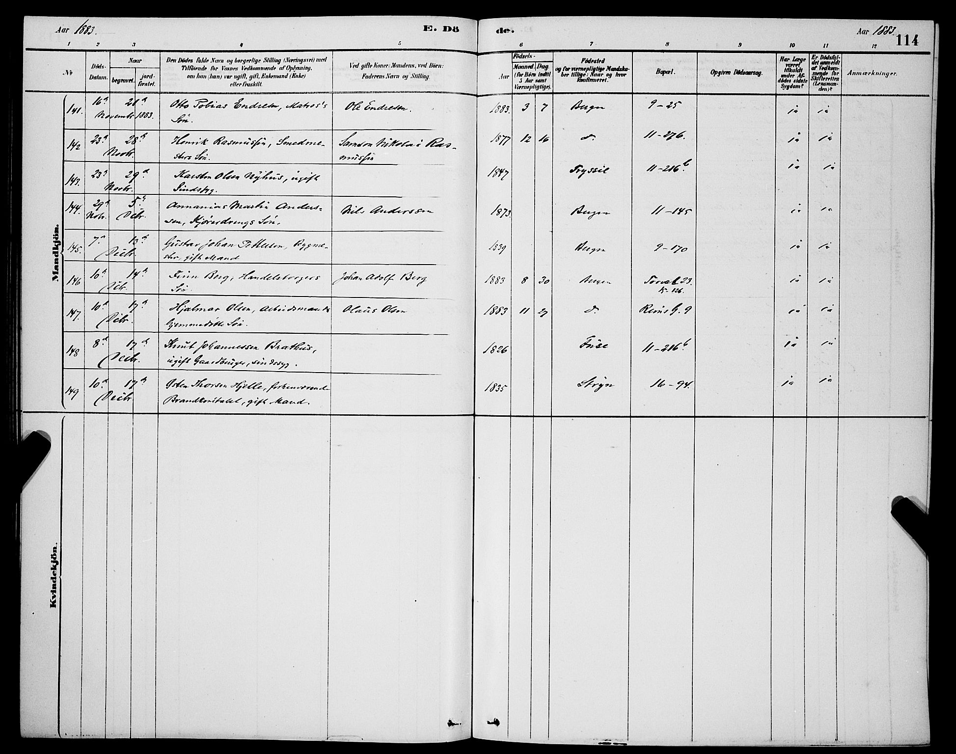 Domkirken sokneprestembete, SAB/A-74801/H/Hab/L0041: Parish register (copy) no. E 5, 1878-1900, p. 114