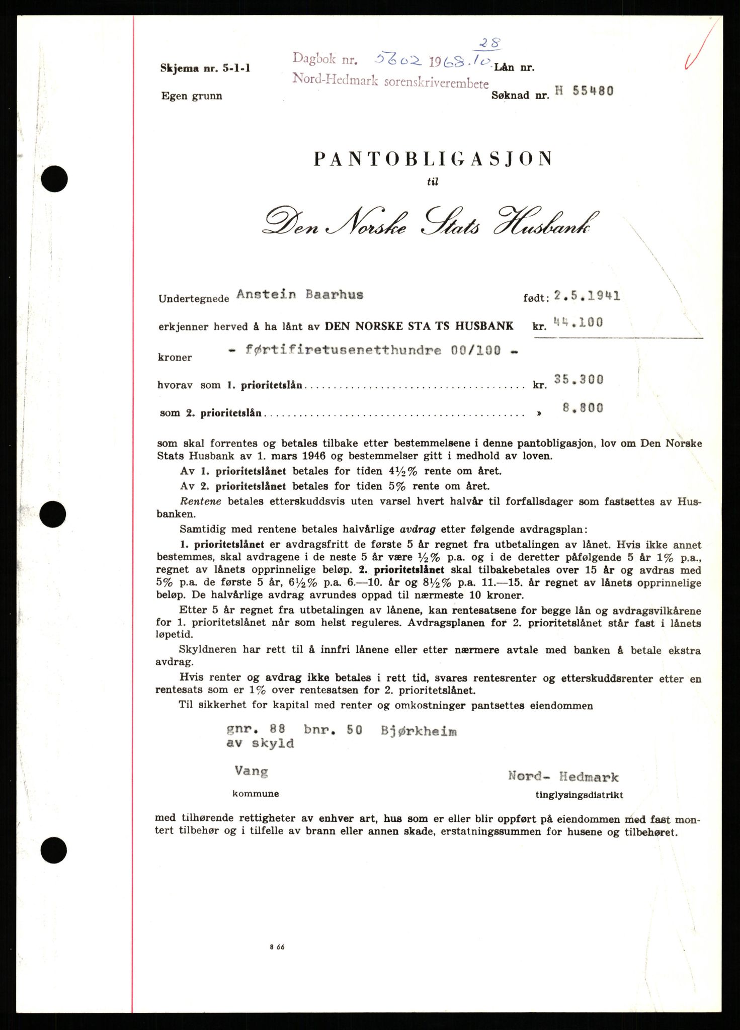 Nord-Hedmark sorenskriveri, SAH/TING-012/H/Hb/Hbf/L0077: Mortgage book no. B77, 1968-1969, Diary no: : 5602/1968