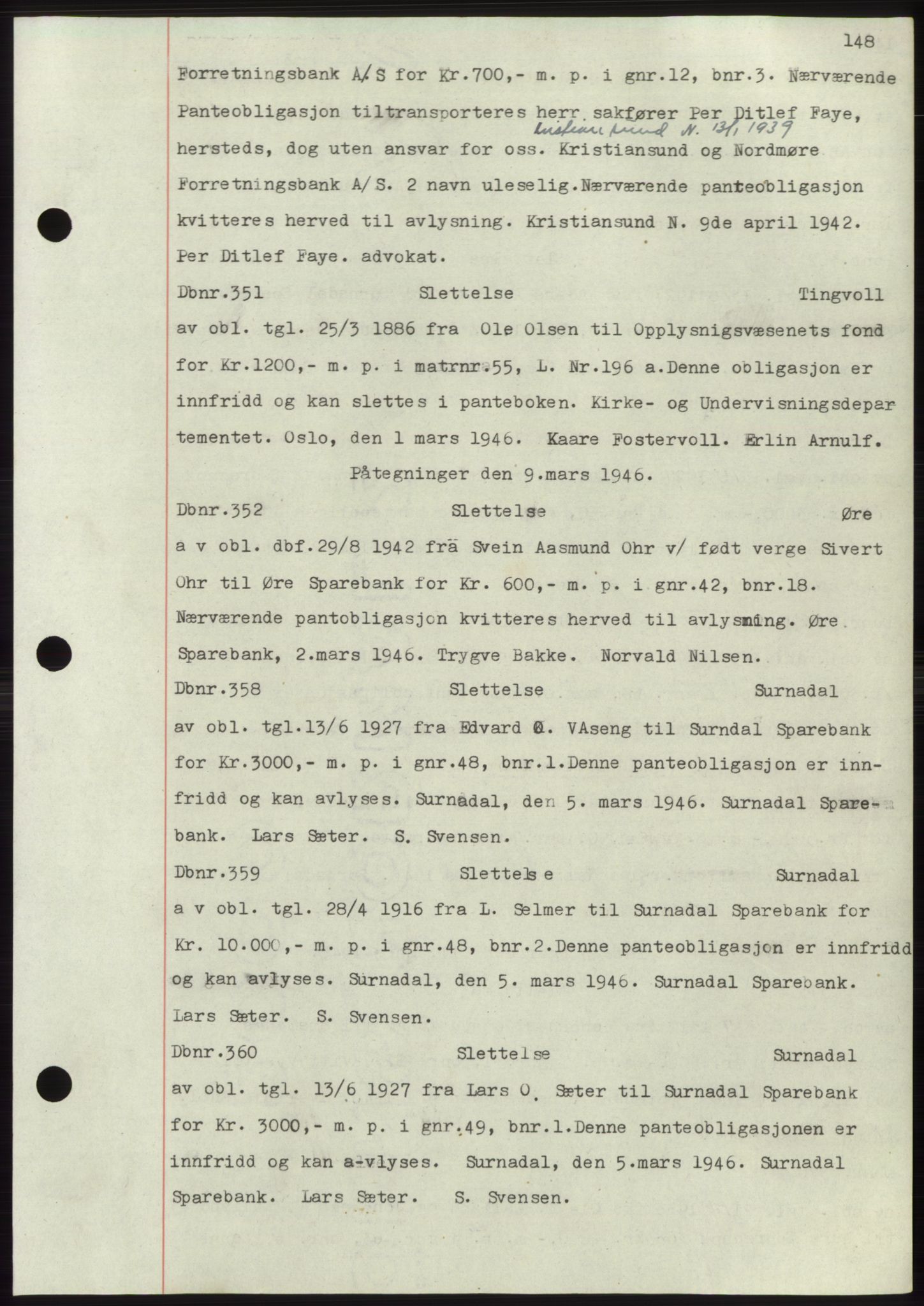 Nordmøre sorenskriveri, SAT/A-4132/1/2/2Ca: Mortgage book no. C82b, 1946-1951, Diary no: : 351/1946