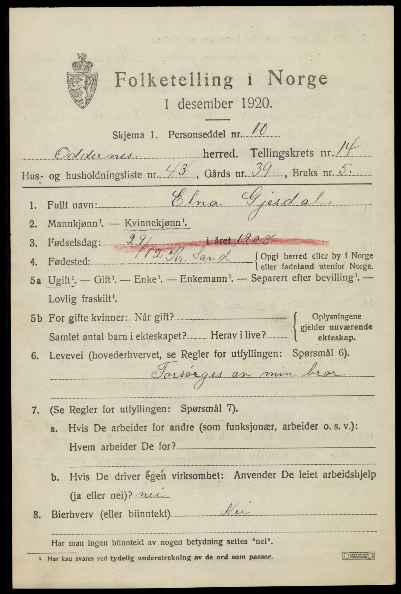 SAK, 1920 census for Oddernes, 1920, p. 8975