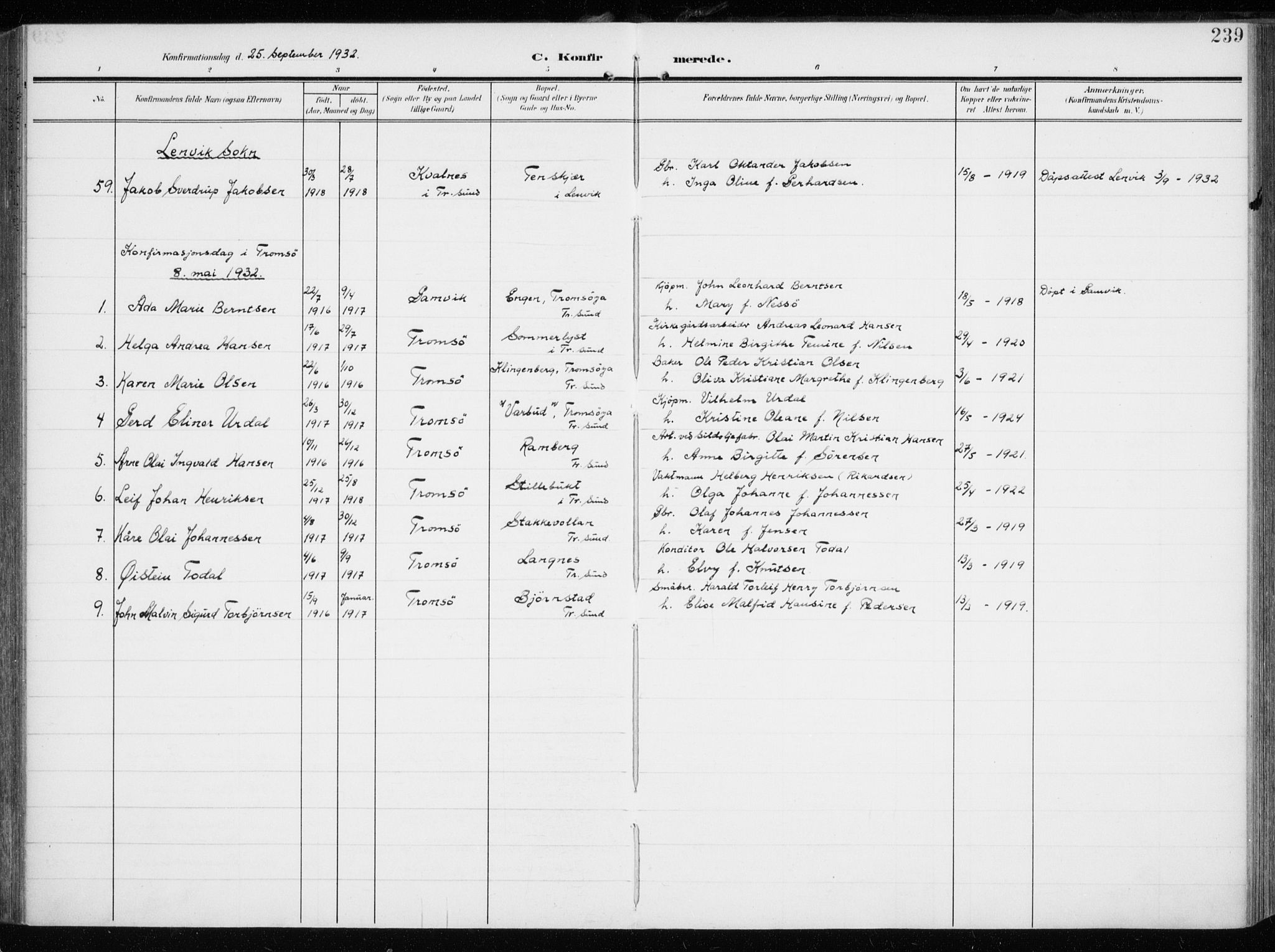 Tromsøysund sokneprestkontor, AV/SATØ-S-1304/G/Ga/L0007kirke: Parish register (official) no. 7, 1907-1914, p. 239