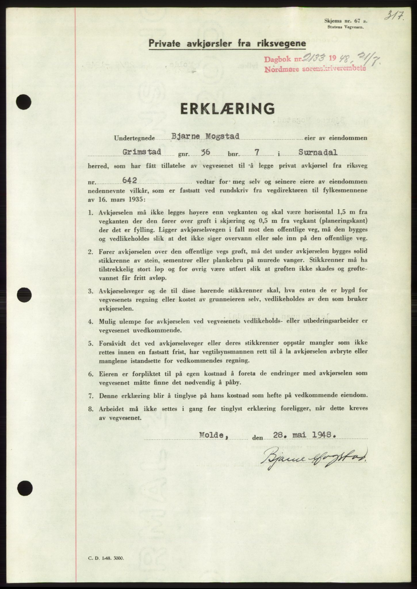 Nordmøre sorenskriveri, AV/SAT-A-4132/1/2/2Ca: Mortgage book no. B99, 1948-1948, Diary no: : 2133/1948