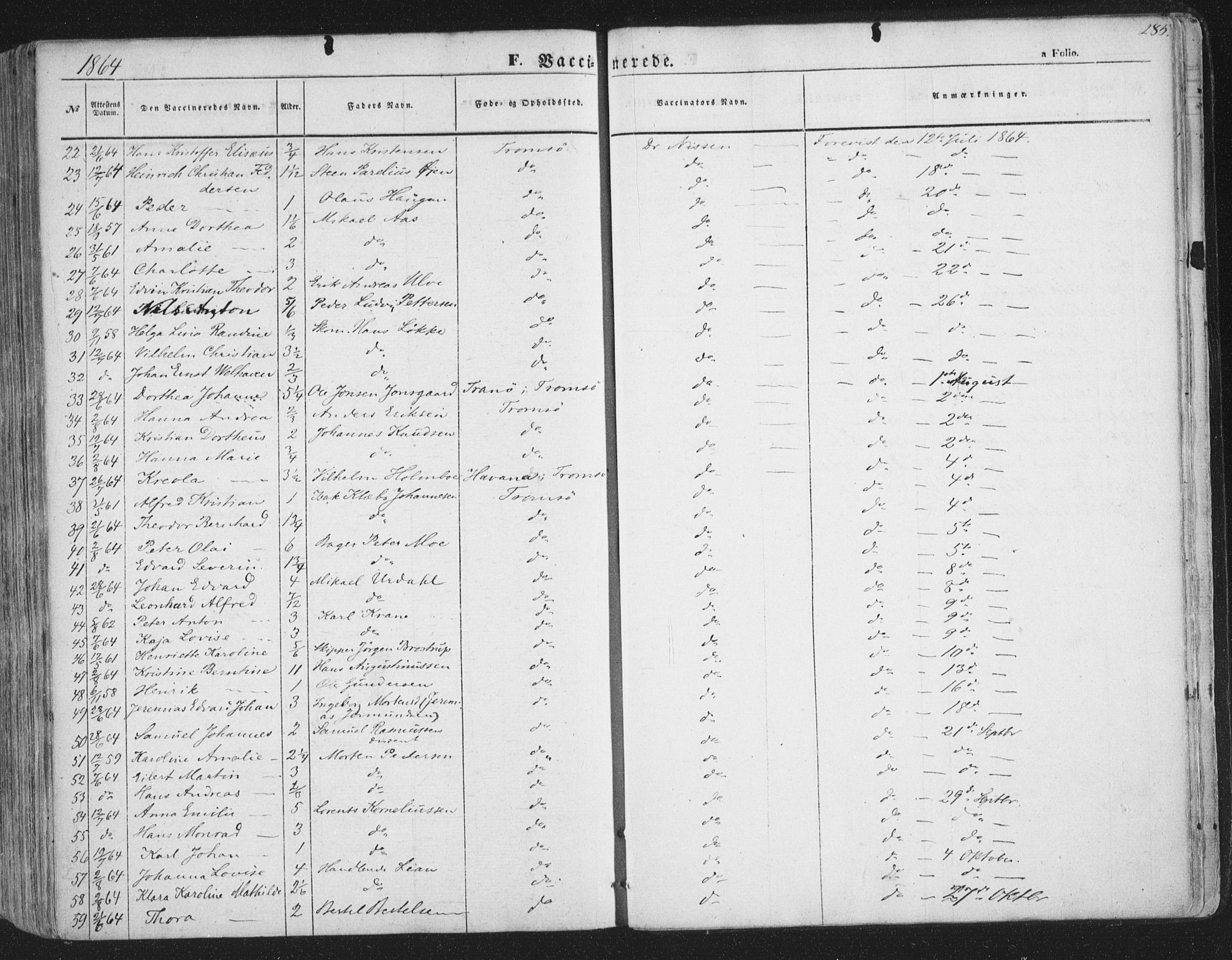 Tromsø sokneprestkontor/stiftsprosti/domprosti, SATØ/S-1343/G/Ga/L0011kirke: Parish register (official) no. 11, 1856-1865, p. 285