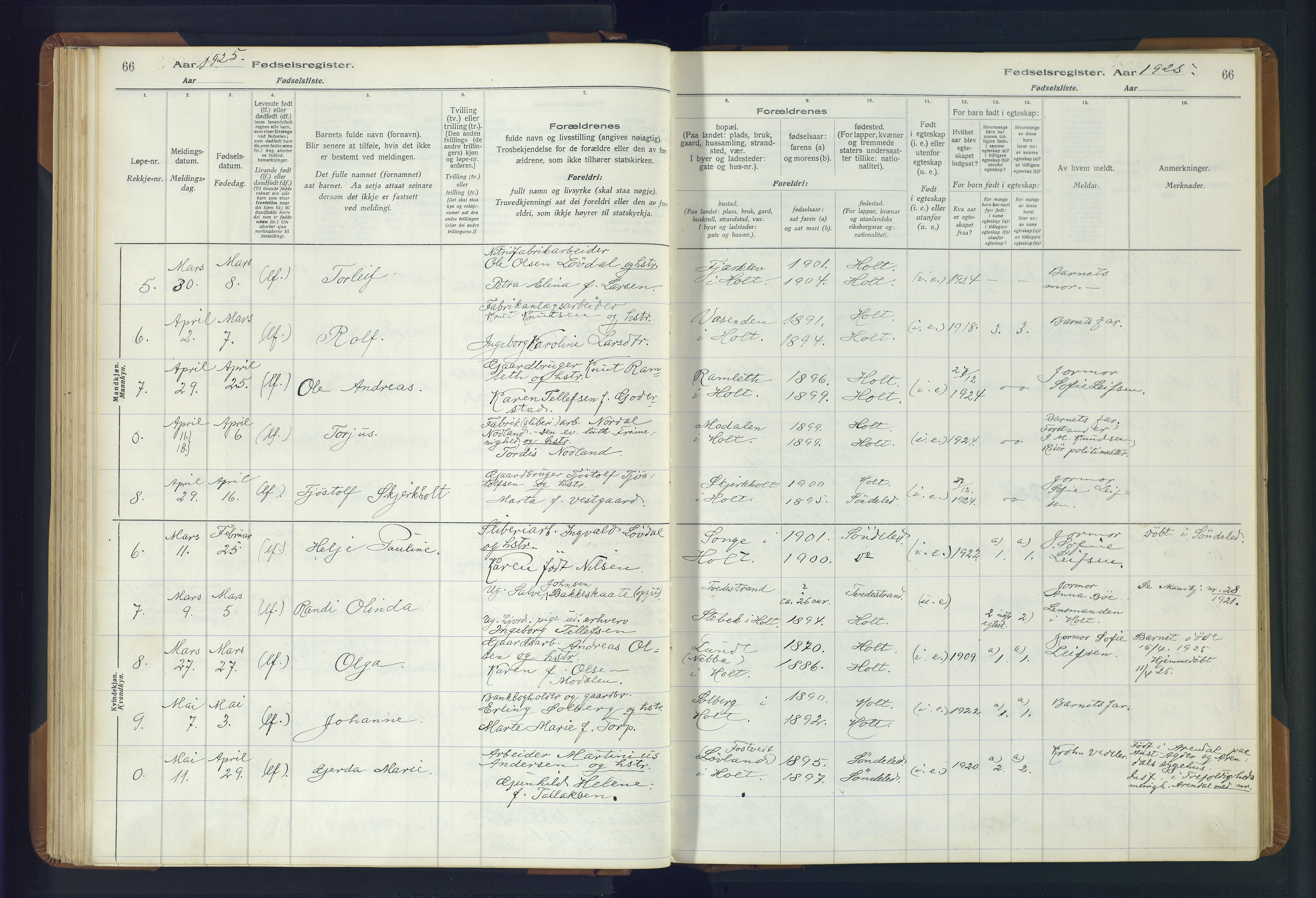 Holt sokneprestkontor, AV/SAK-1111-0021/J/Ja/L0001: Birth register no. II.4.1, 1916-1946, p. 66