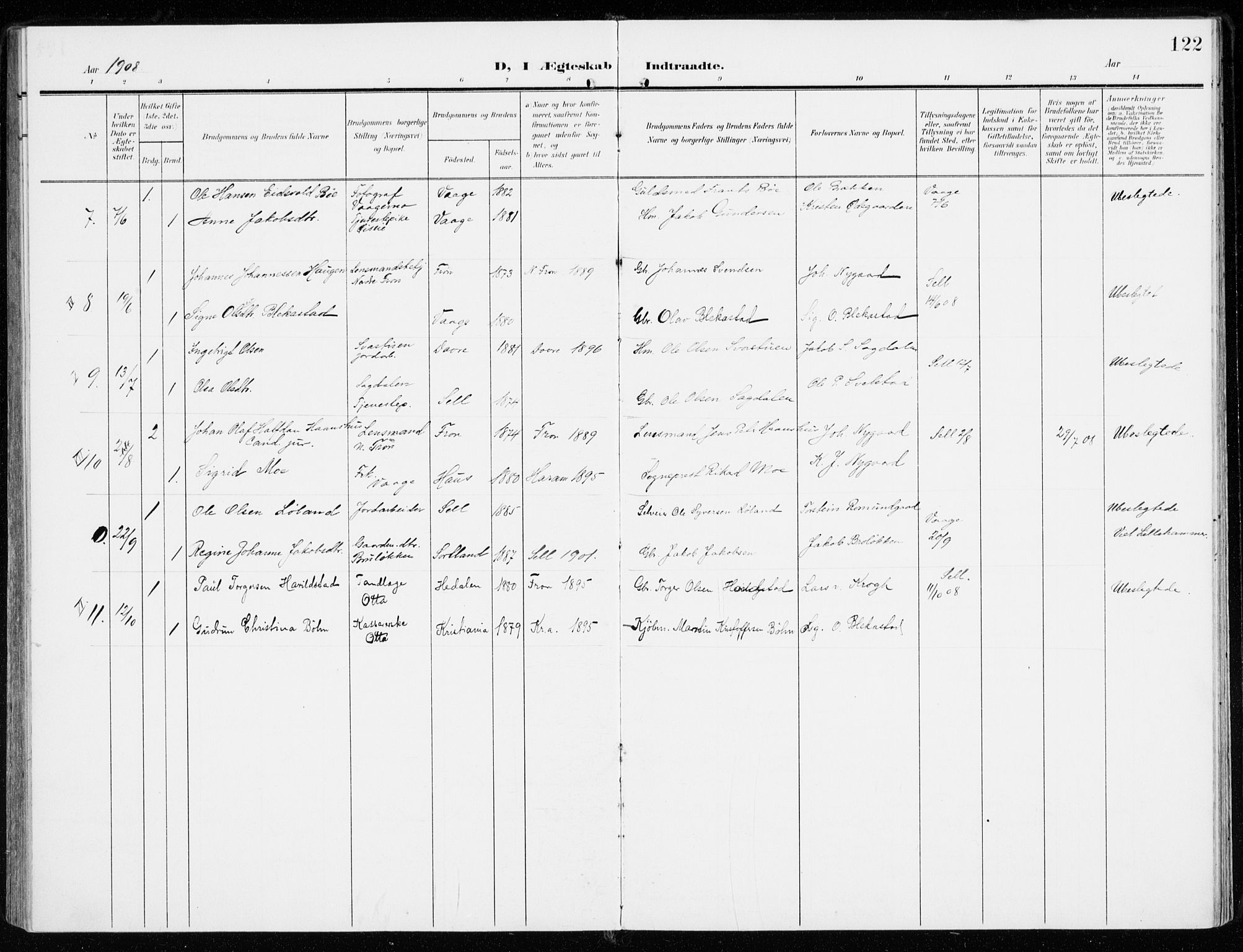 Sel prestekontor, SAH/PREST-074/H/Ha/Haa/L0002: Parish register (official) no. 2, 1905-1919, p. 122