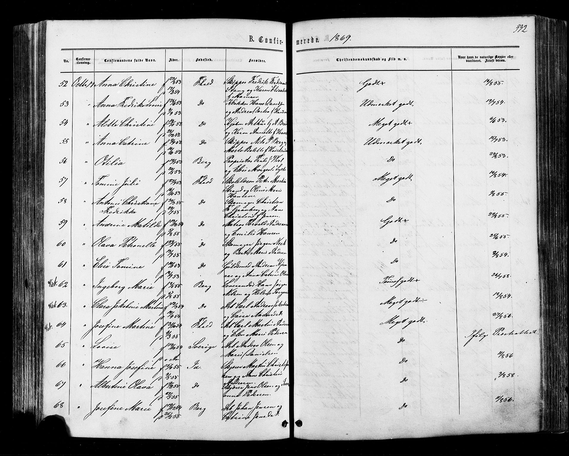 Halden prestekontor Kirkebøker, AV/SAO-A-10909/F/Fa/L0009: Parish register (official) no. I 9, 1866-1877, p. 332