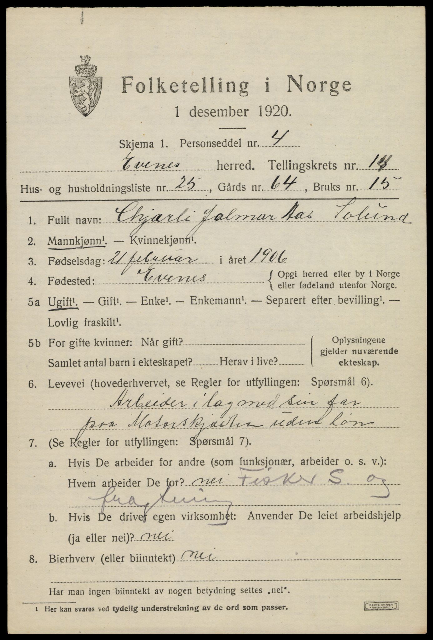 SAT, 1920 census for Evenes, 1920, p. 12494