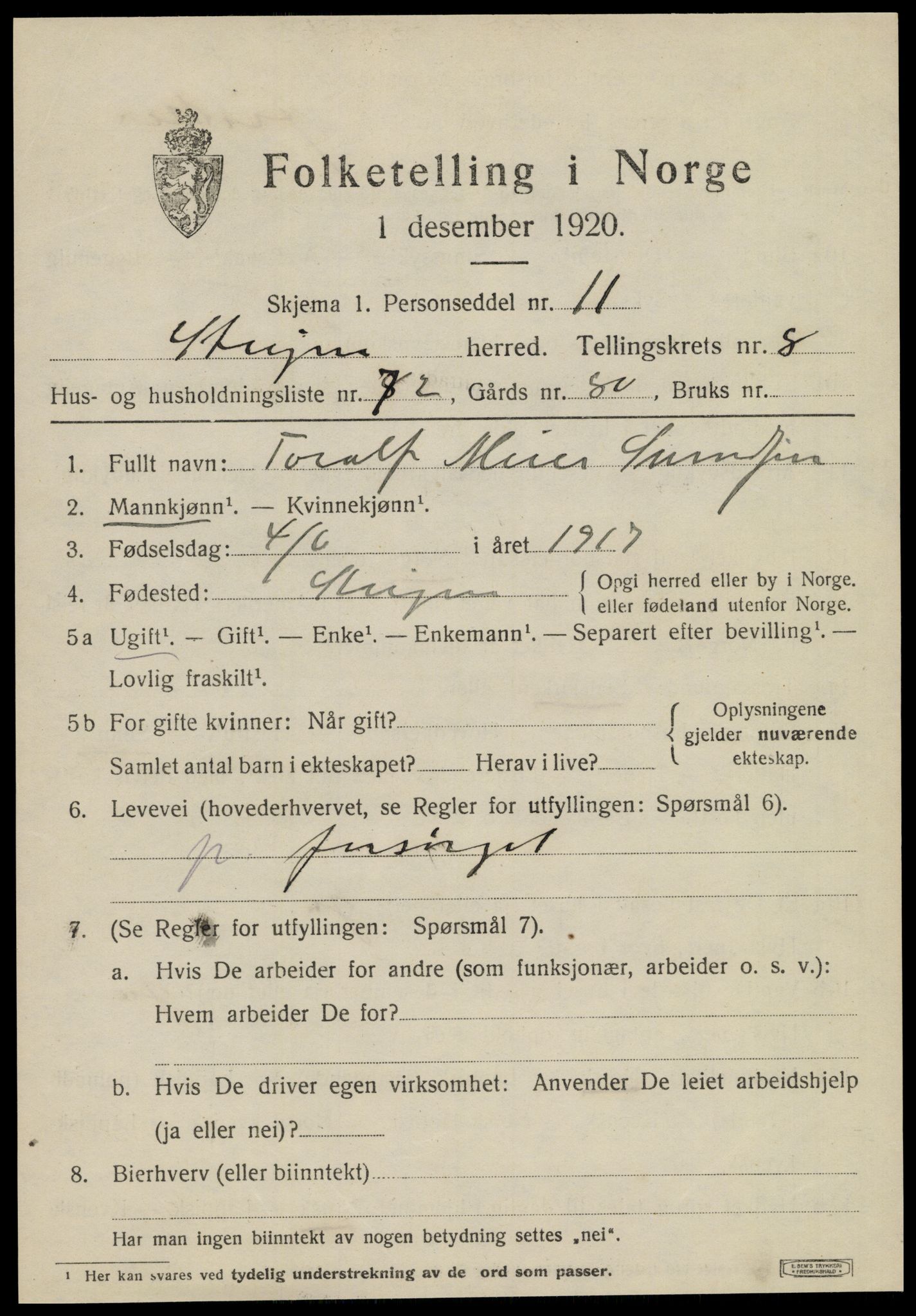 SAT, 1920 census for Steigen, 1920, p. 3948