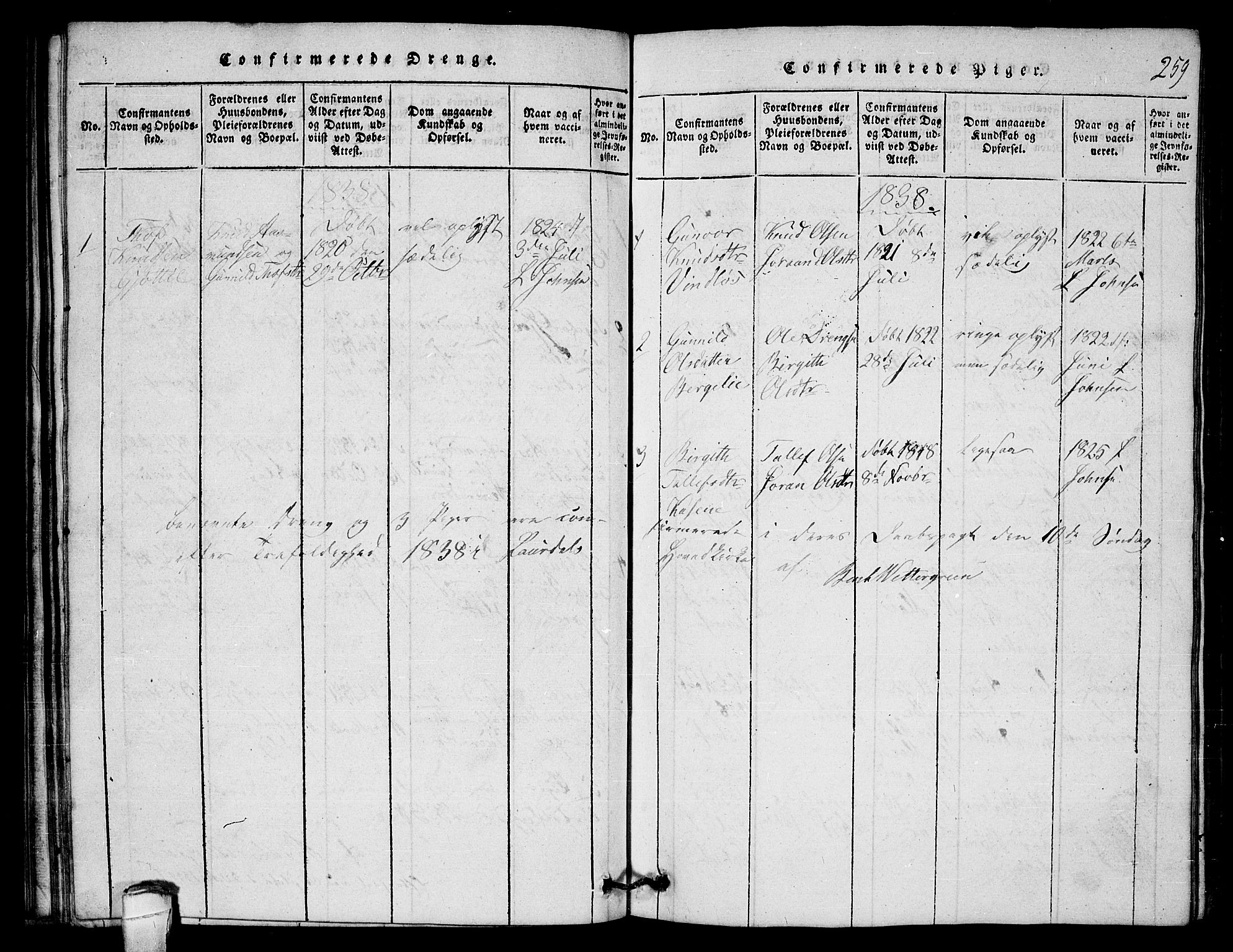 Lårdal kirkebøker, SAKO/A-284/G/Gb/L0001: Parish register (copy) no. II 1, 1815-1865, p. 259