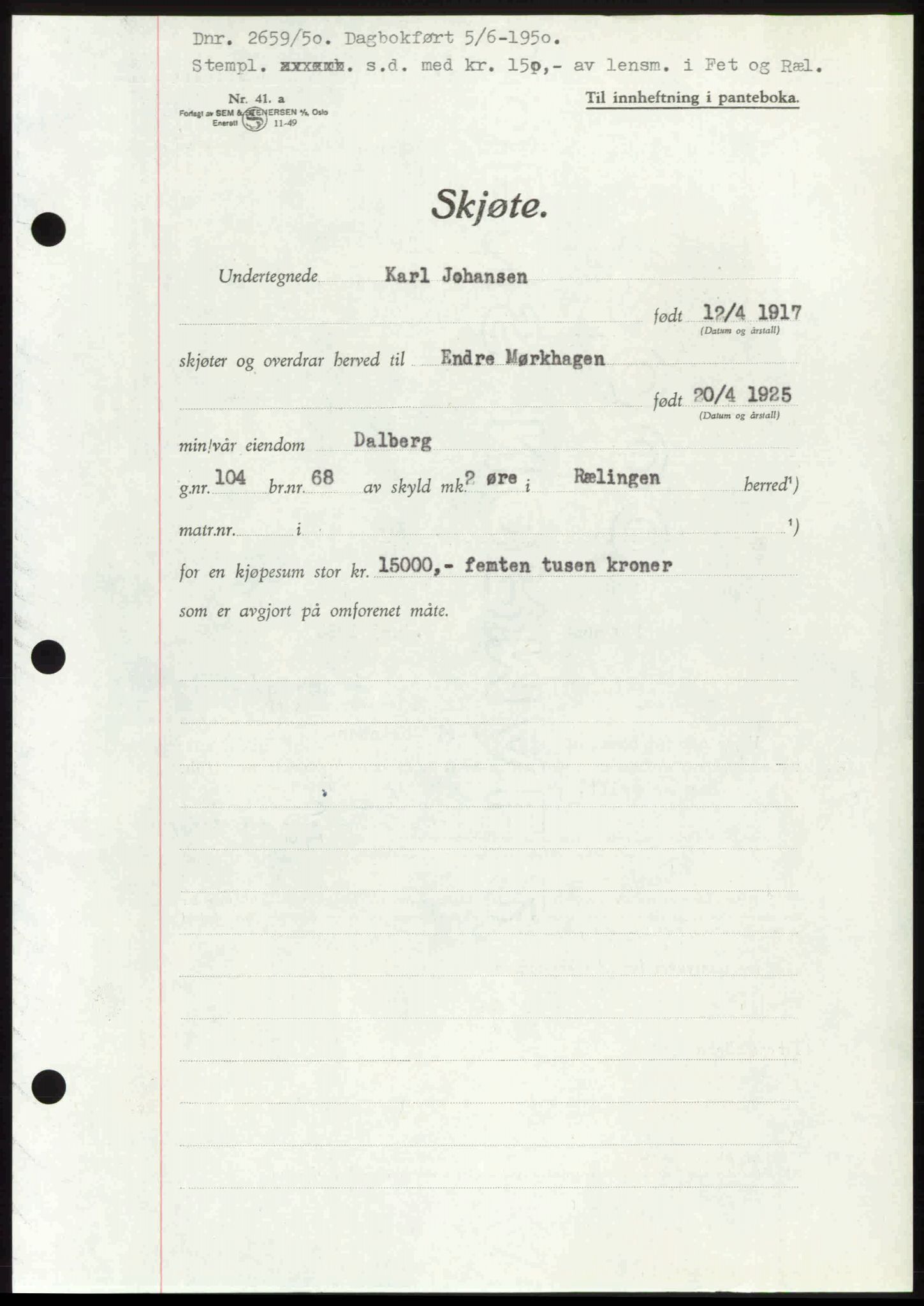 Nedre Romerike sorenskriveri, SAO/A-10469/G/Gb/Gbd/L0030: Mortgage book no. 30, 1950-1950, Diary no: : 2659/1950